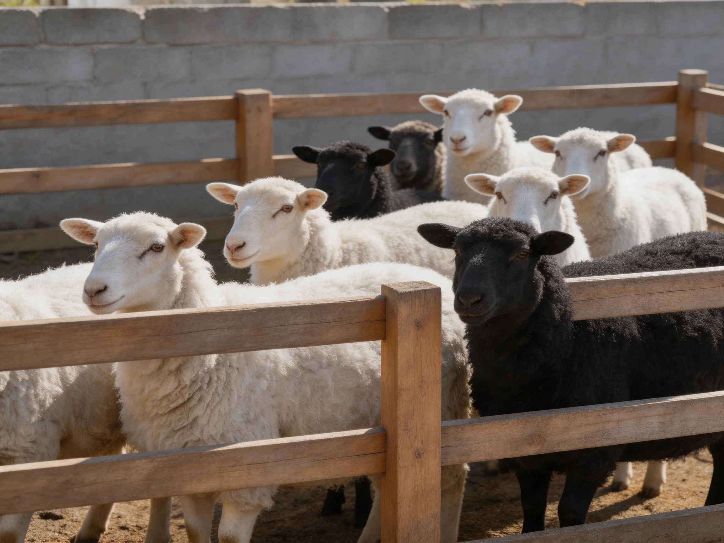 A group of sheep in a wooden enclosure with white and black varieties
