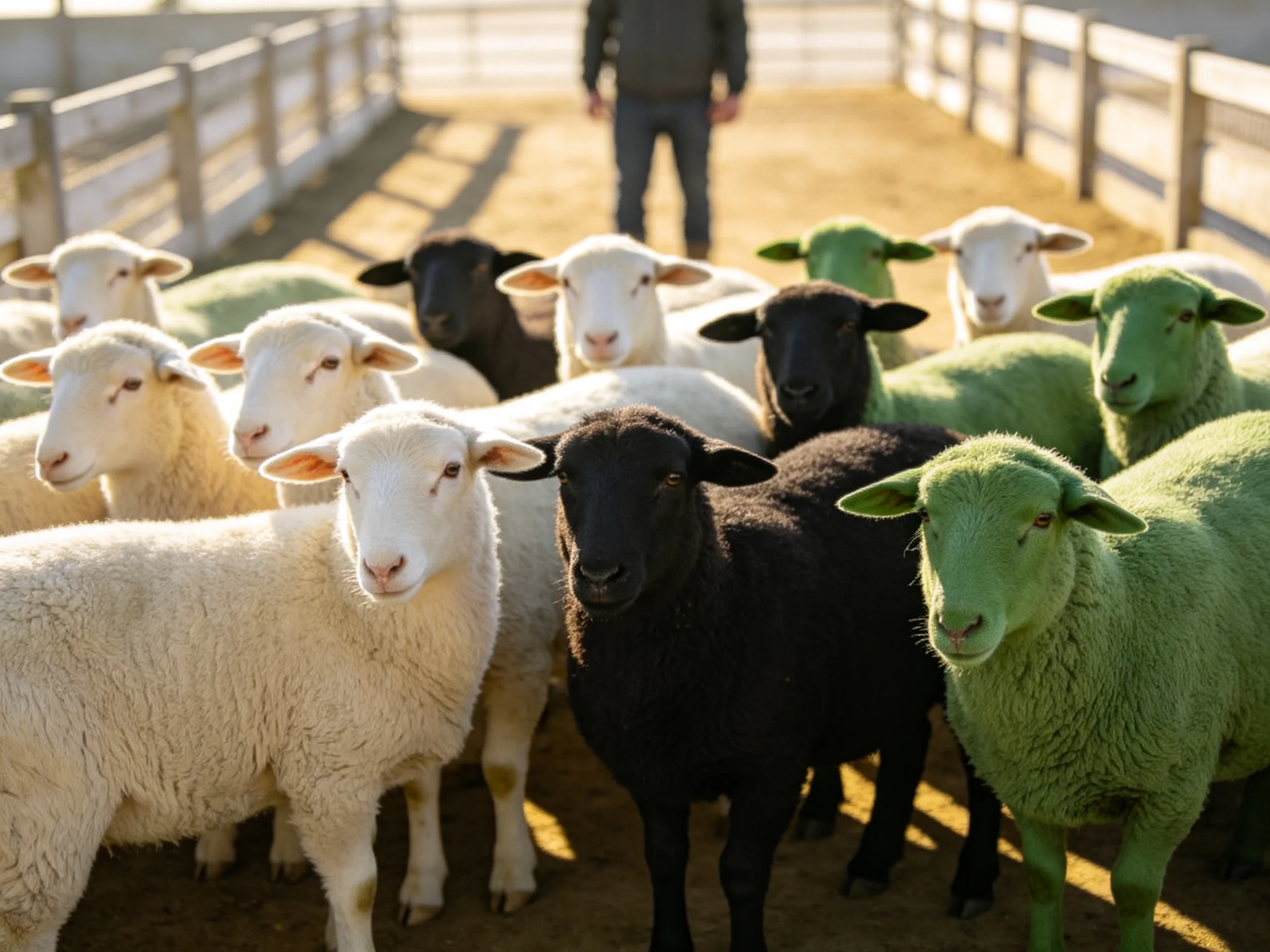 A group of sheep in white, black, and green near a person in a pen