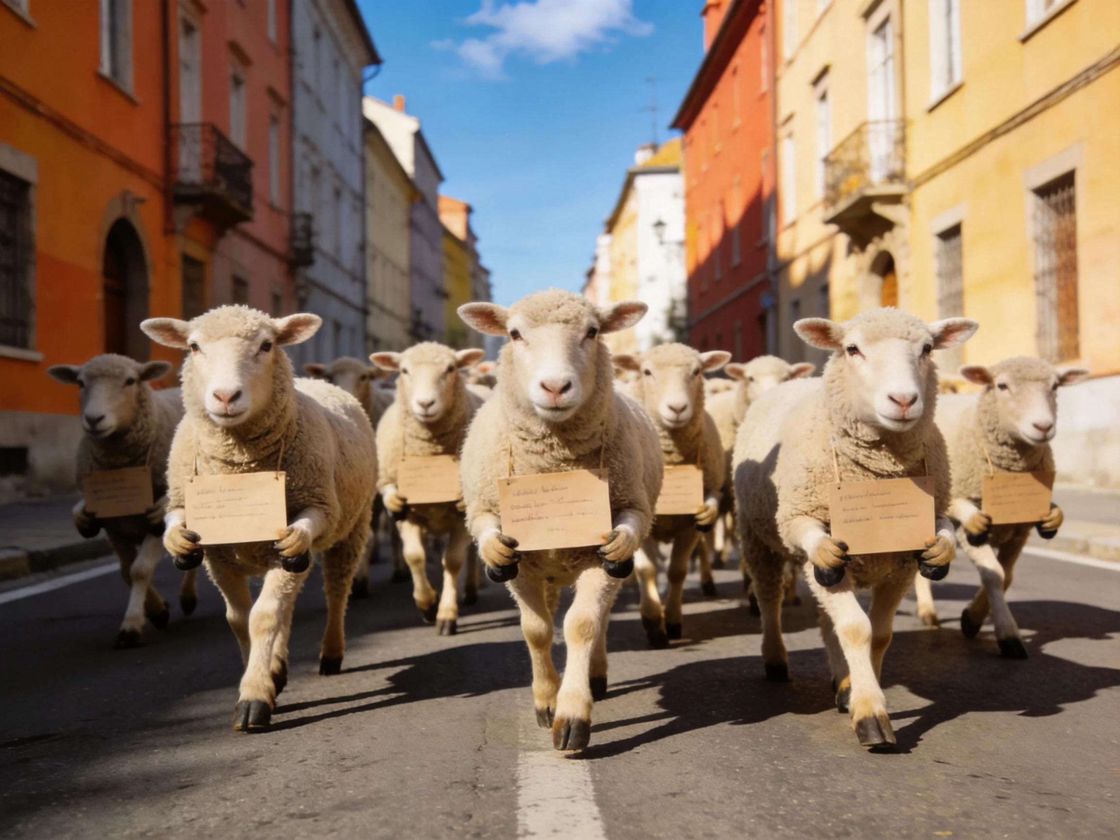 A group of sheep marches down a colorful city street holding signs