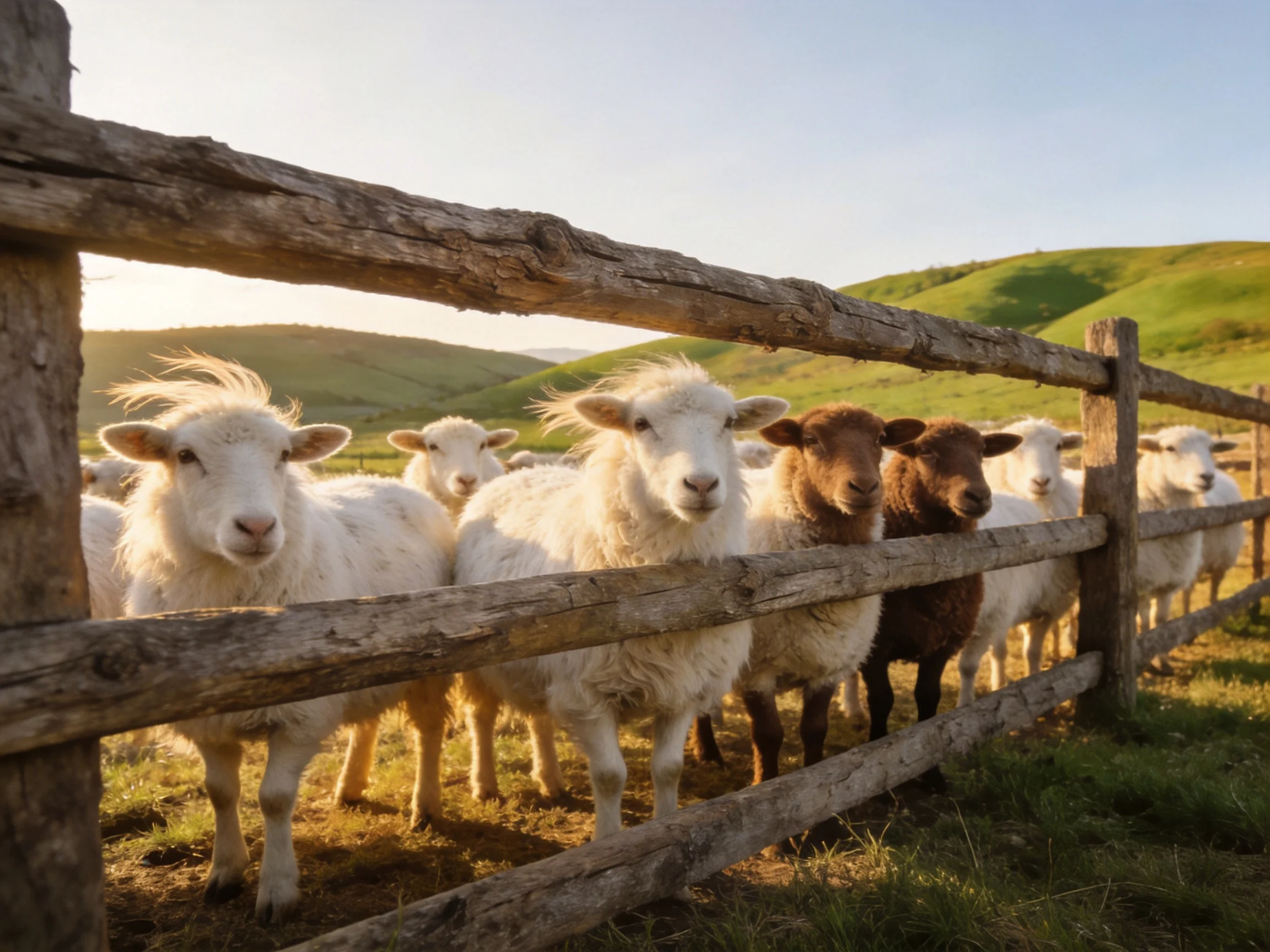 A group of sheep near a weathered wooden fence in a green pasture