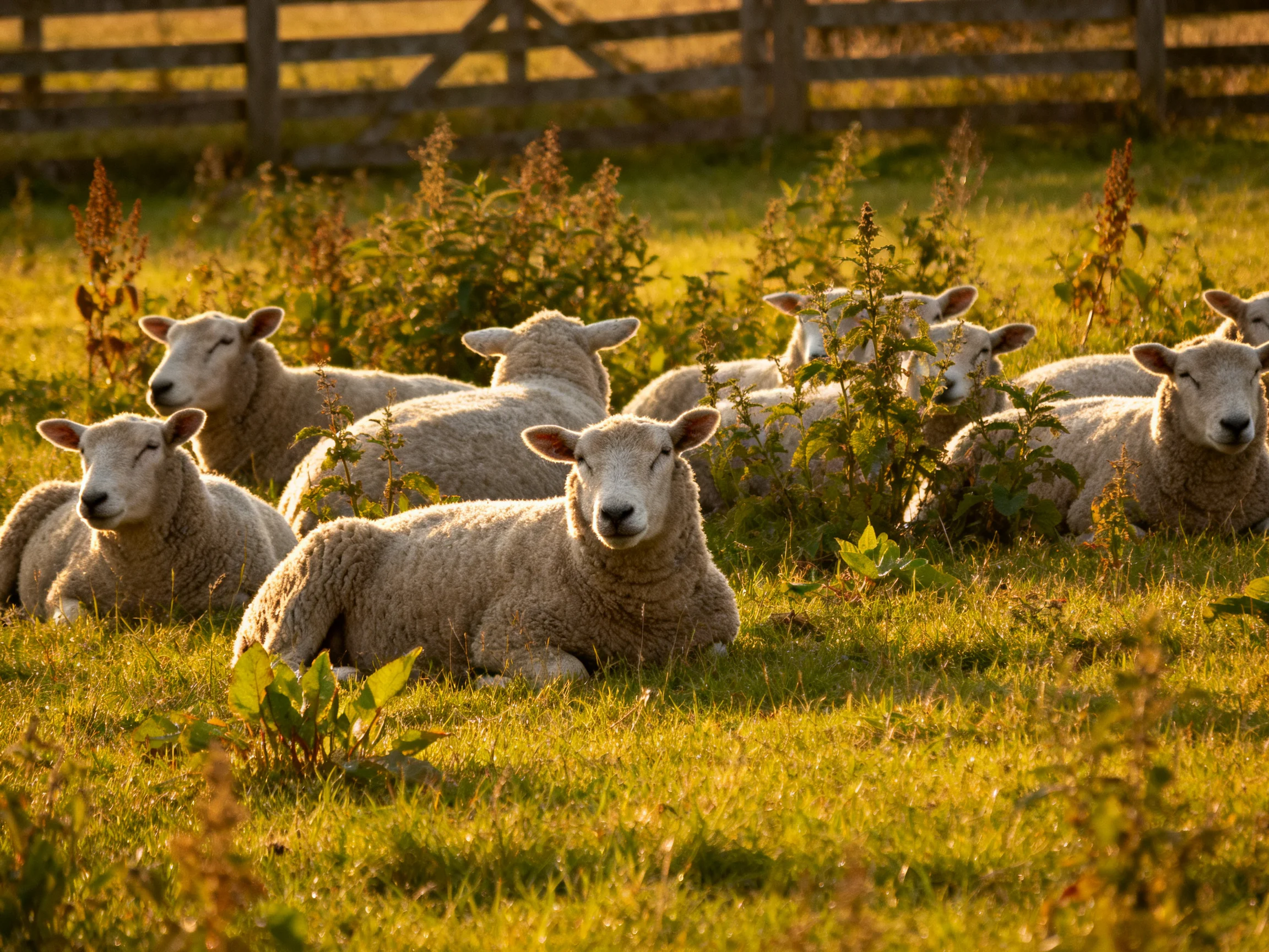 A group of sheep resting in a golden-hued pasture near a wooden fence