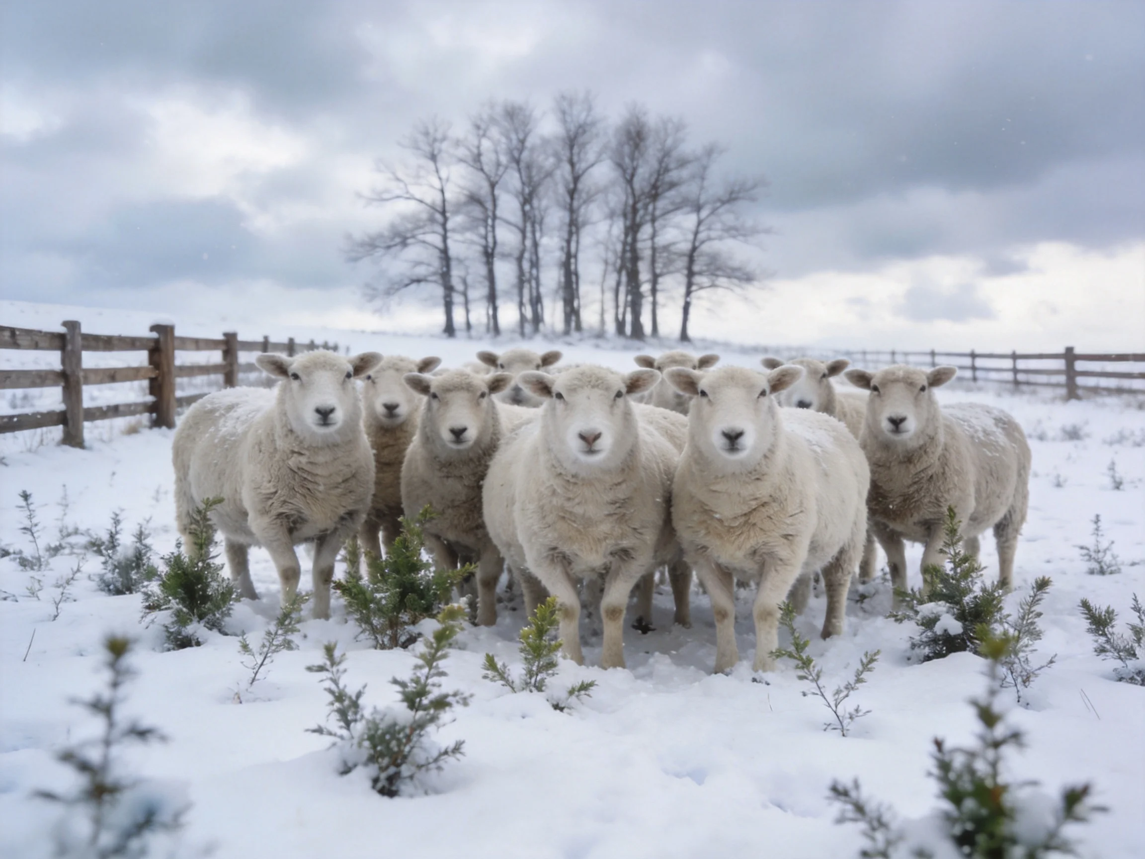 A group of sheep stands in a snow - covered pasture near bare trees