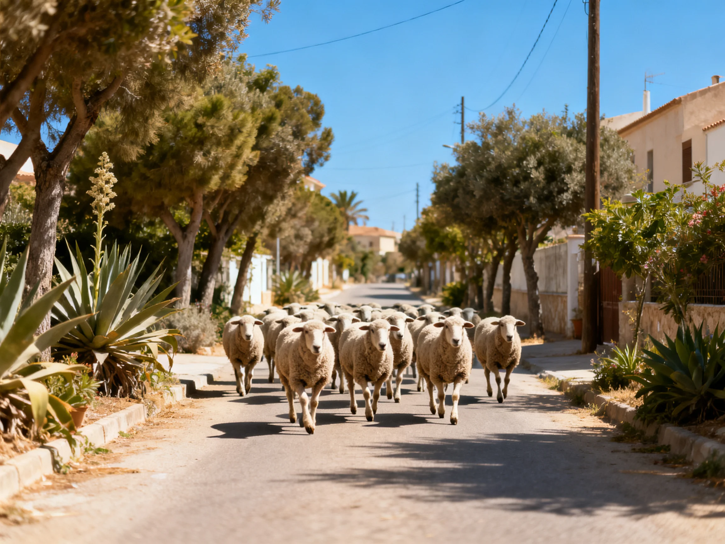 A group of sheep walks along a sunny village road