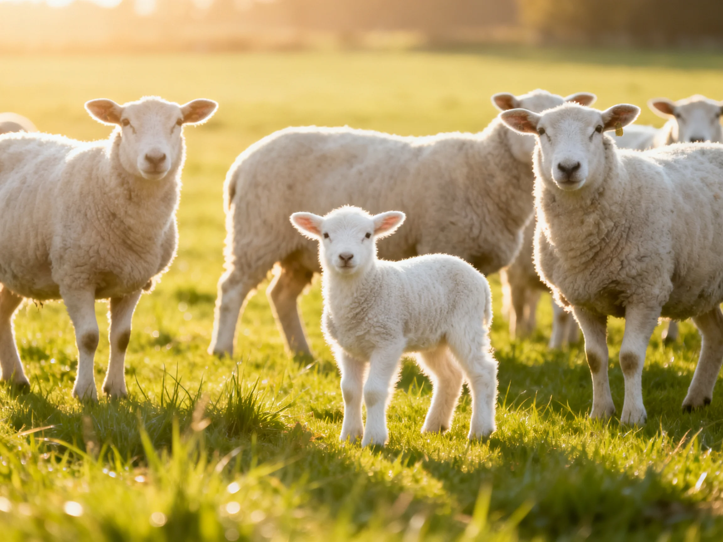 A group of sheep with a lamb in a sunlit green pasture