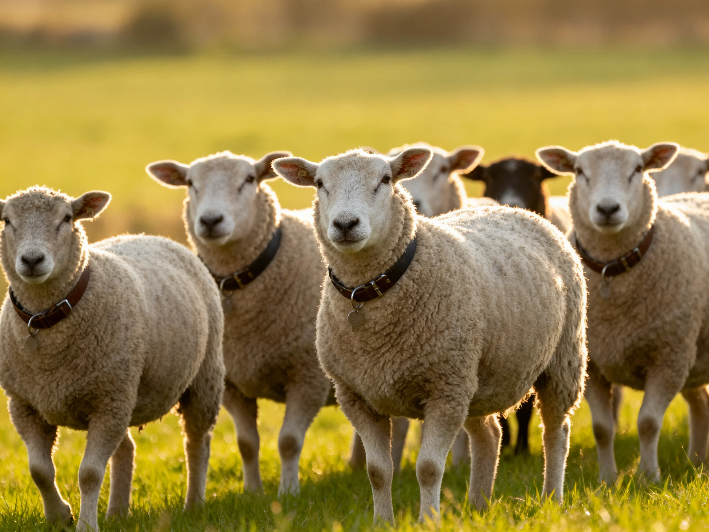 A group of sheep with collars standing in a sunlit green field