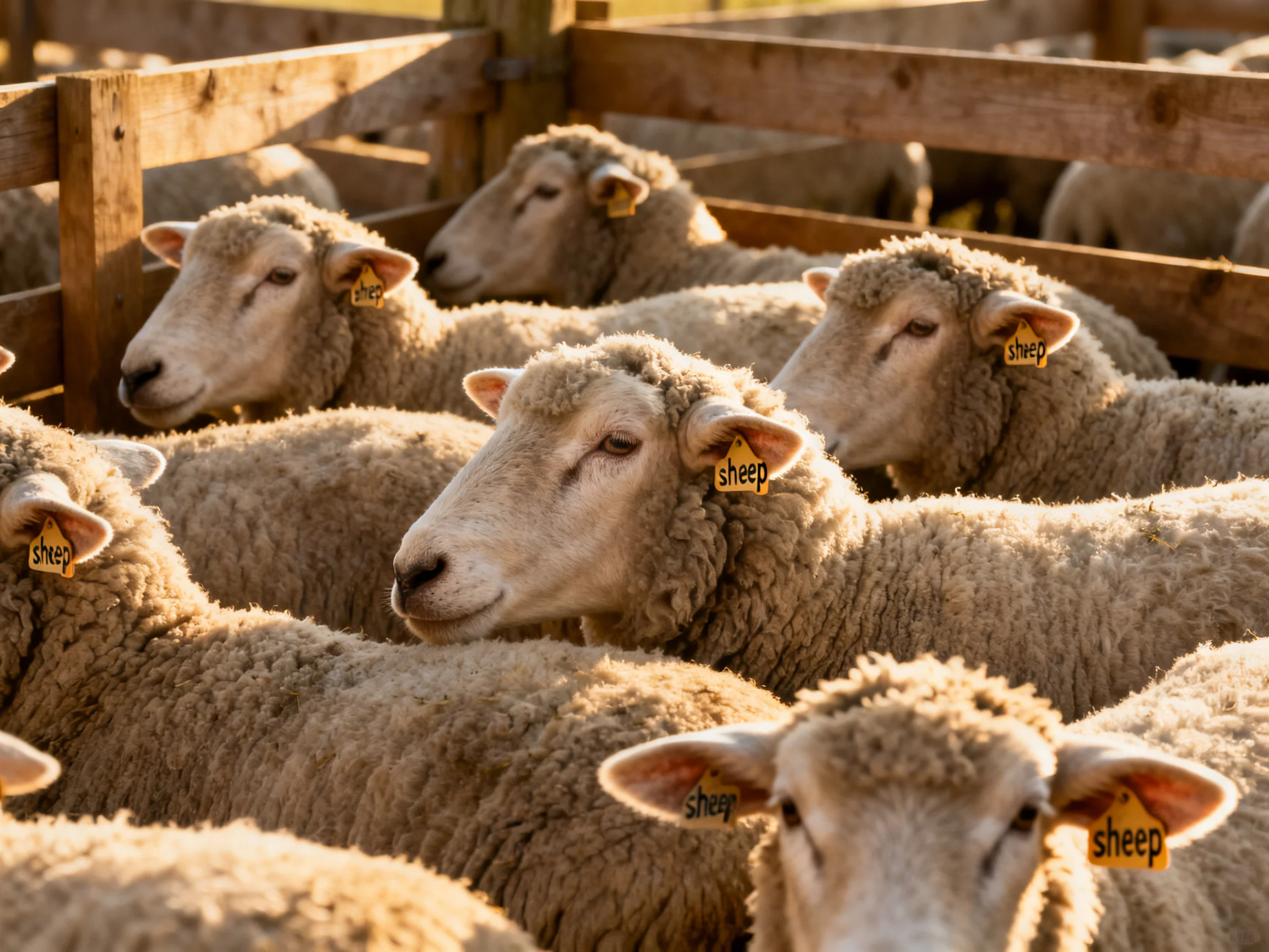 A group of sheep with ear tags in a wooden pen under warm light