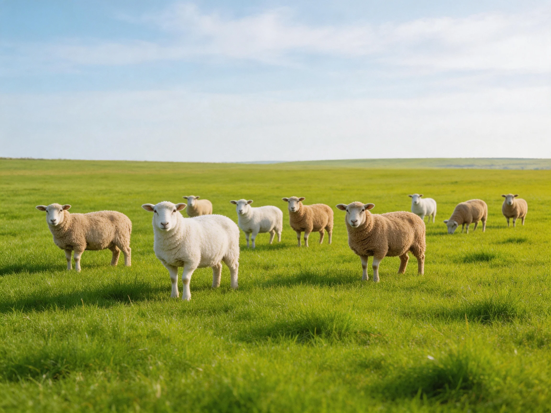 A group of sheep with mixed colors in a green pasture