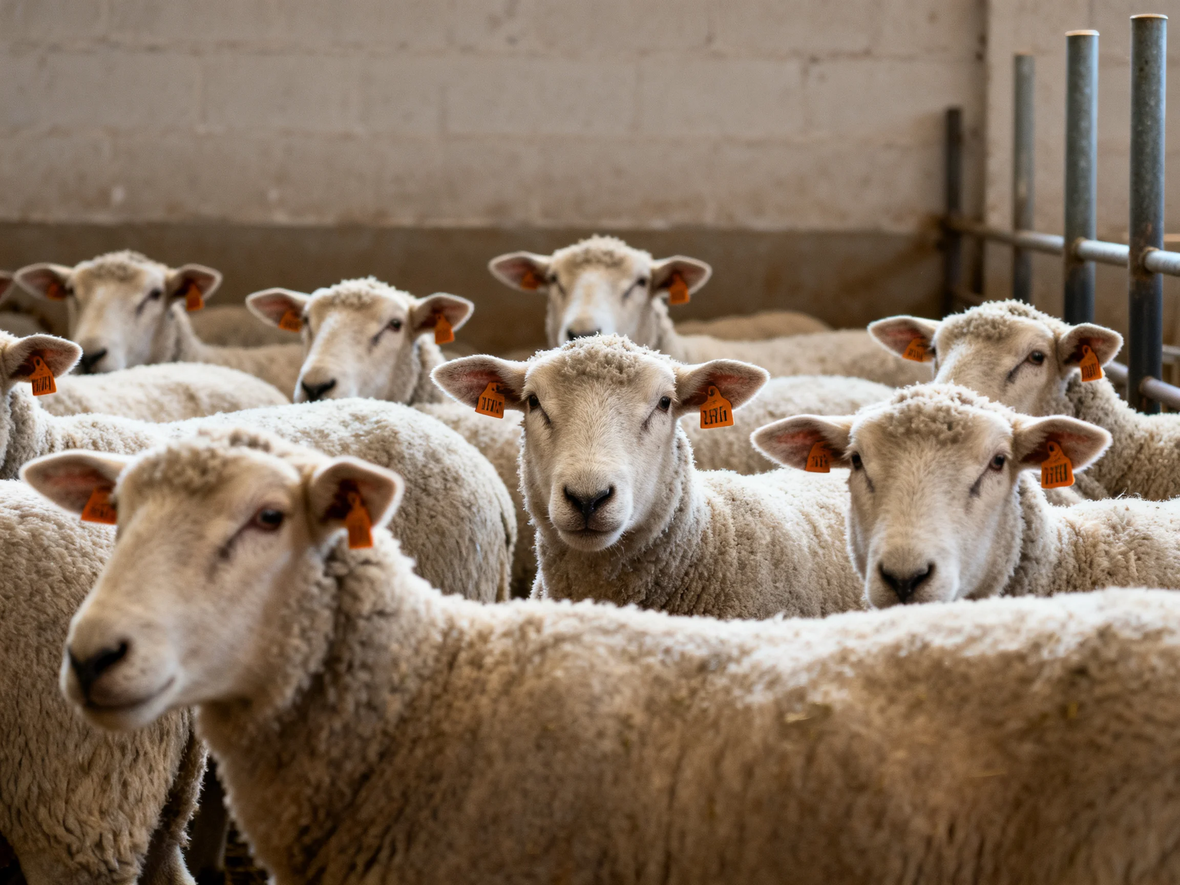 A group of sheep with orange ear tags in an indoor enclosure
