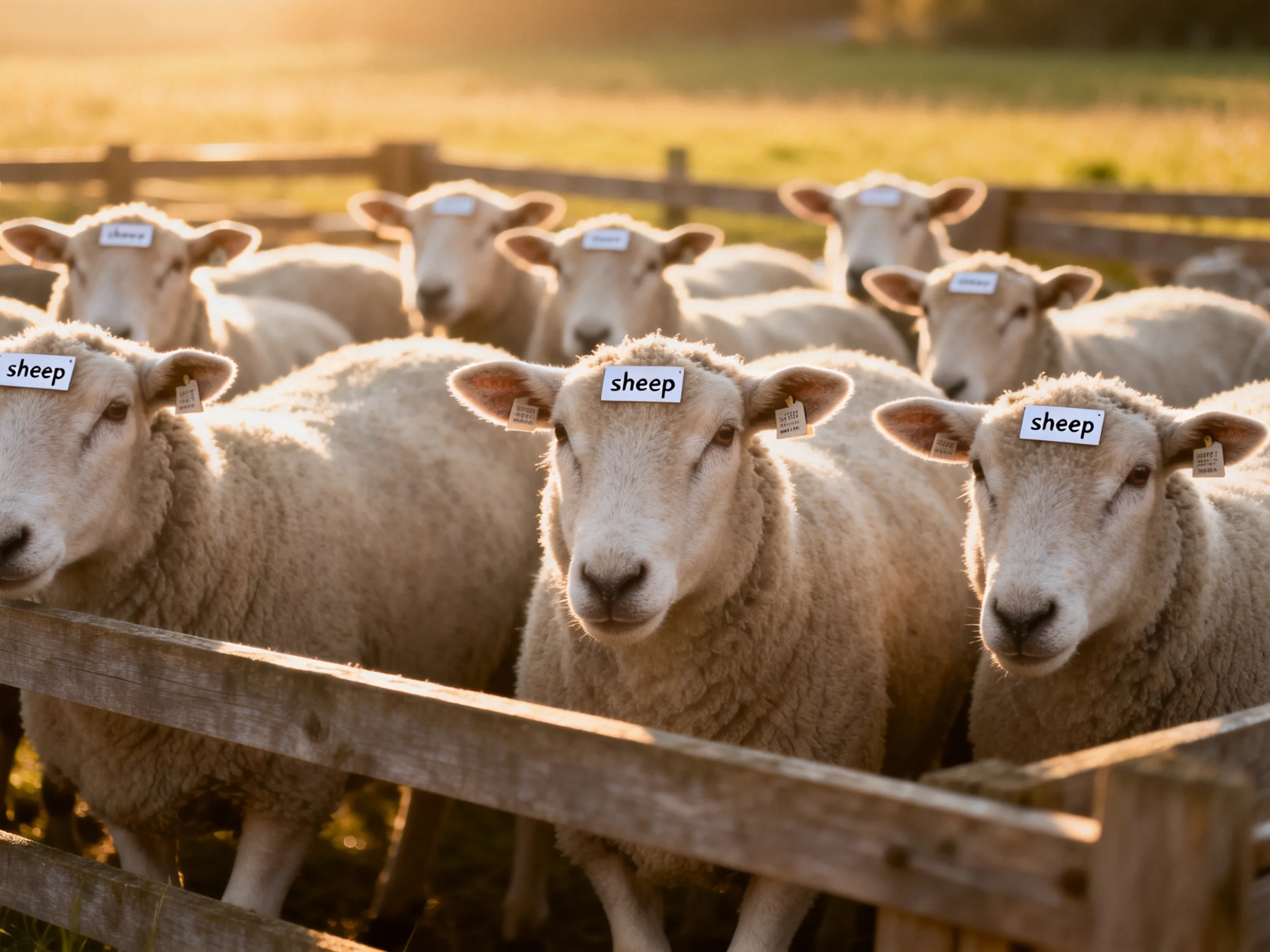 A group of sheep with sheep tags in a wooden enclosure