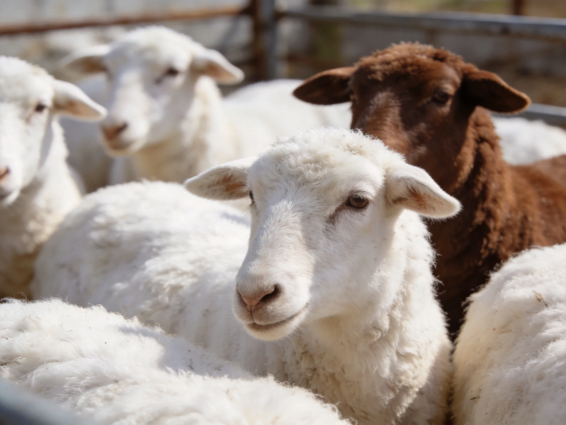 A group of sheep with white and brown coats in an enclosure