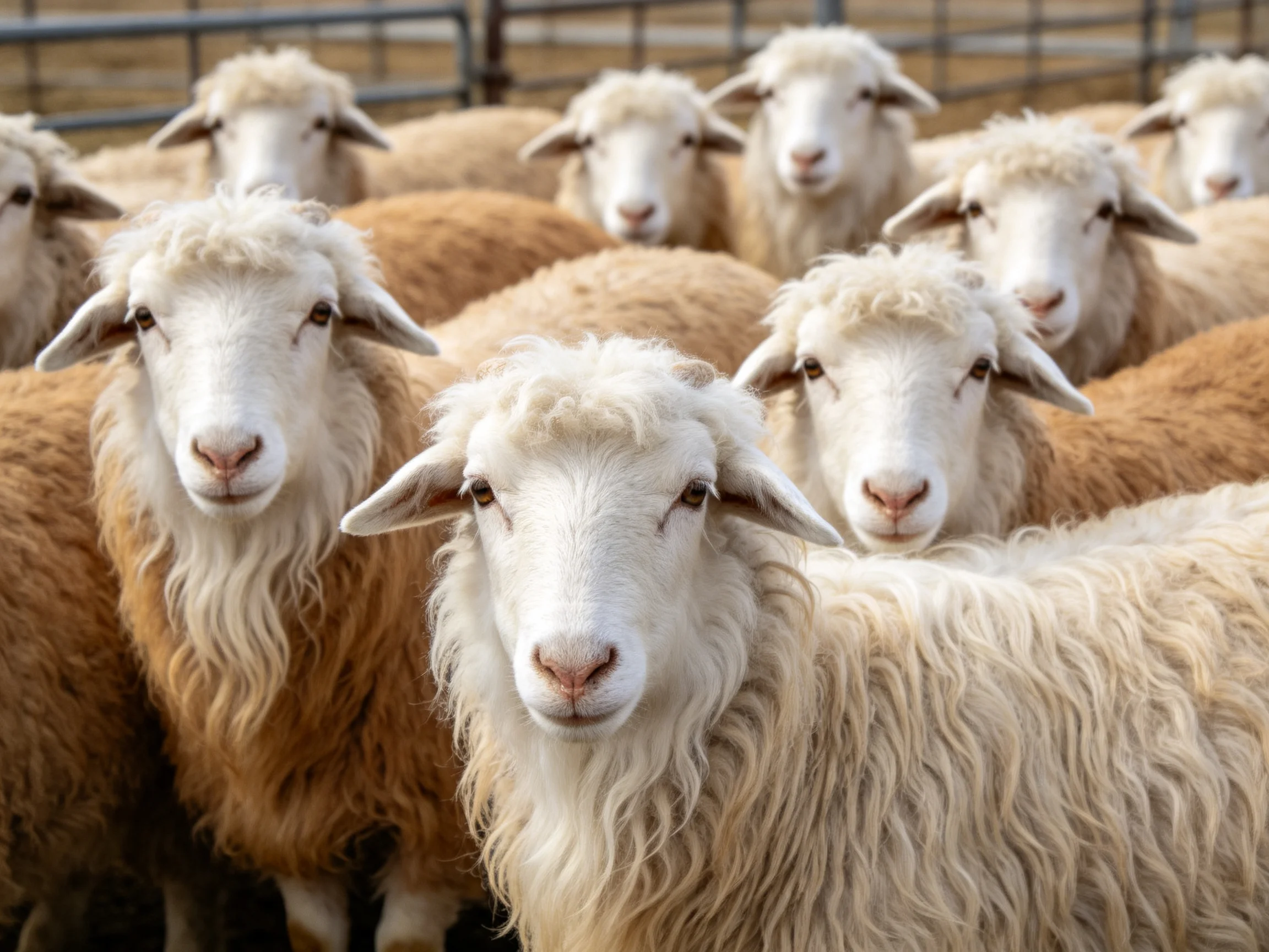 A group of sheep with white and brown wool clustered closely together