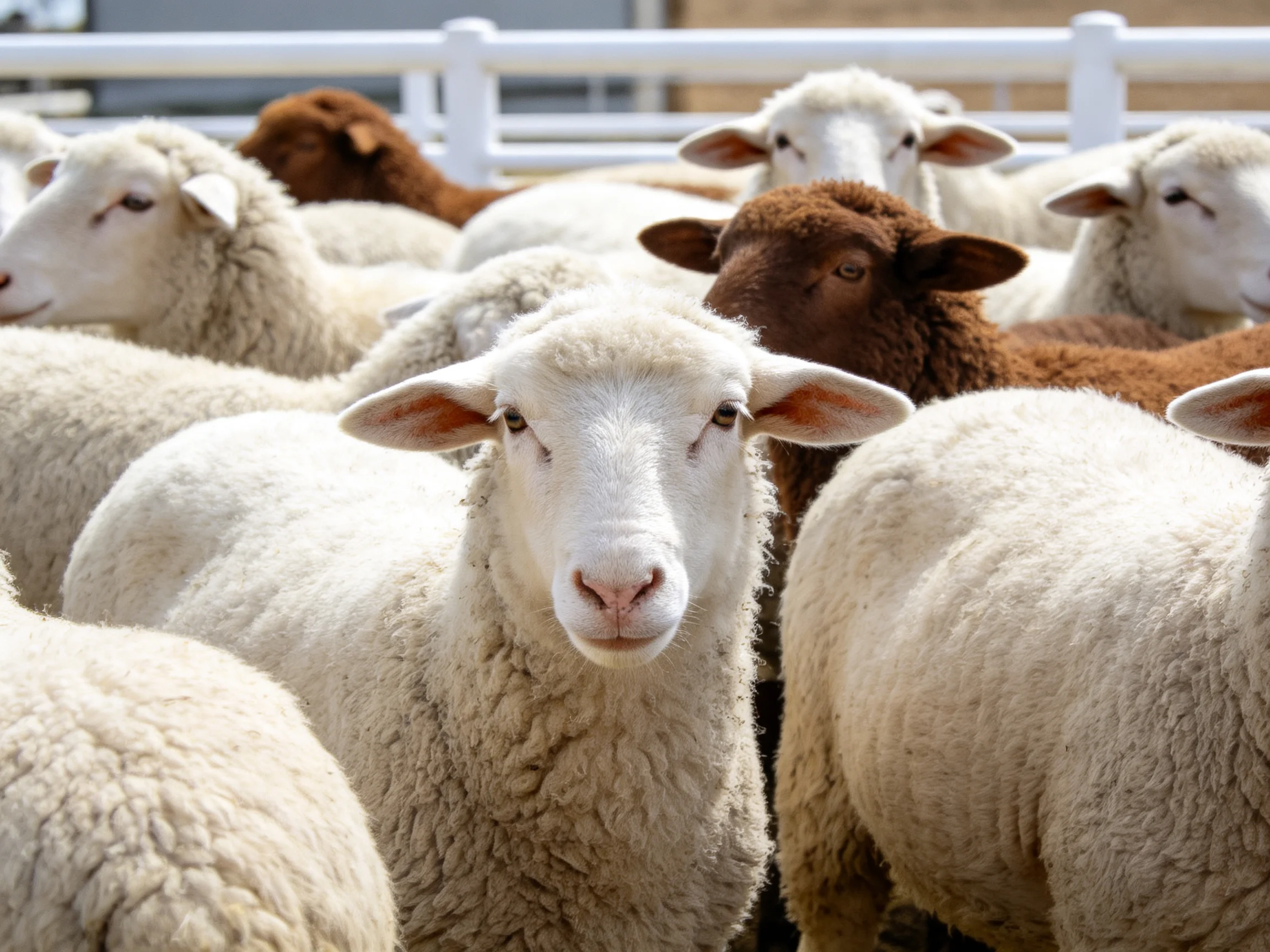 A group of sheep with white and brown wool in a fenced enclosure