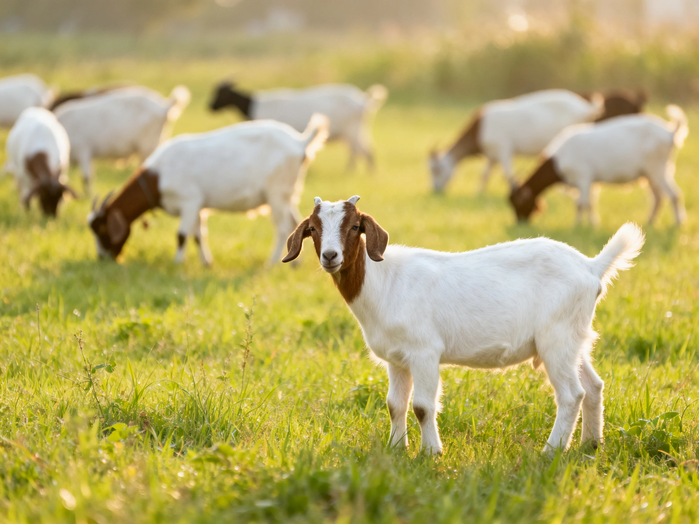 A group of white and brown goats grazing in a sunlit meadow