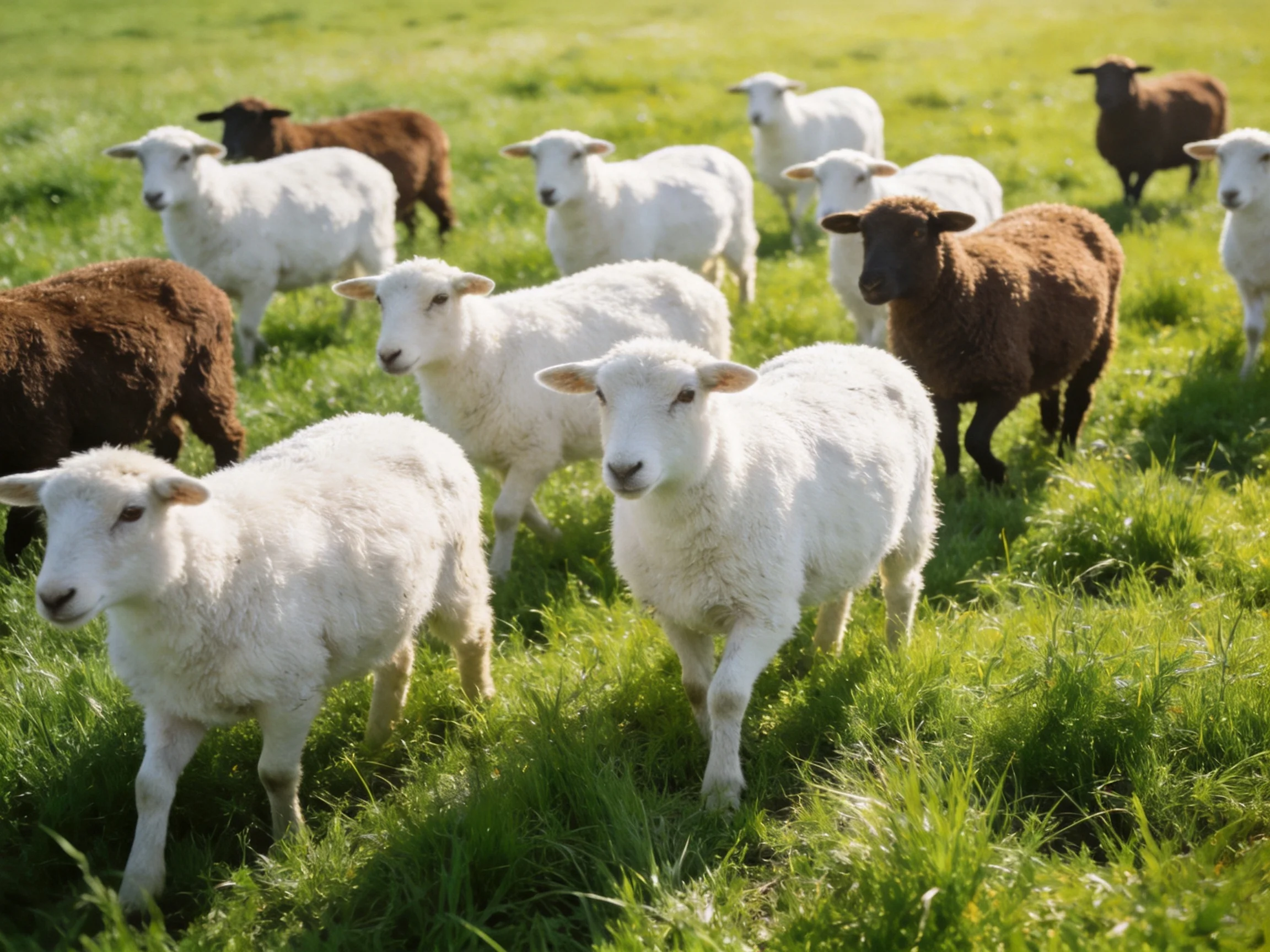 A group of white and brown lambs grazing in a lush green pasture