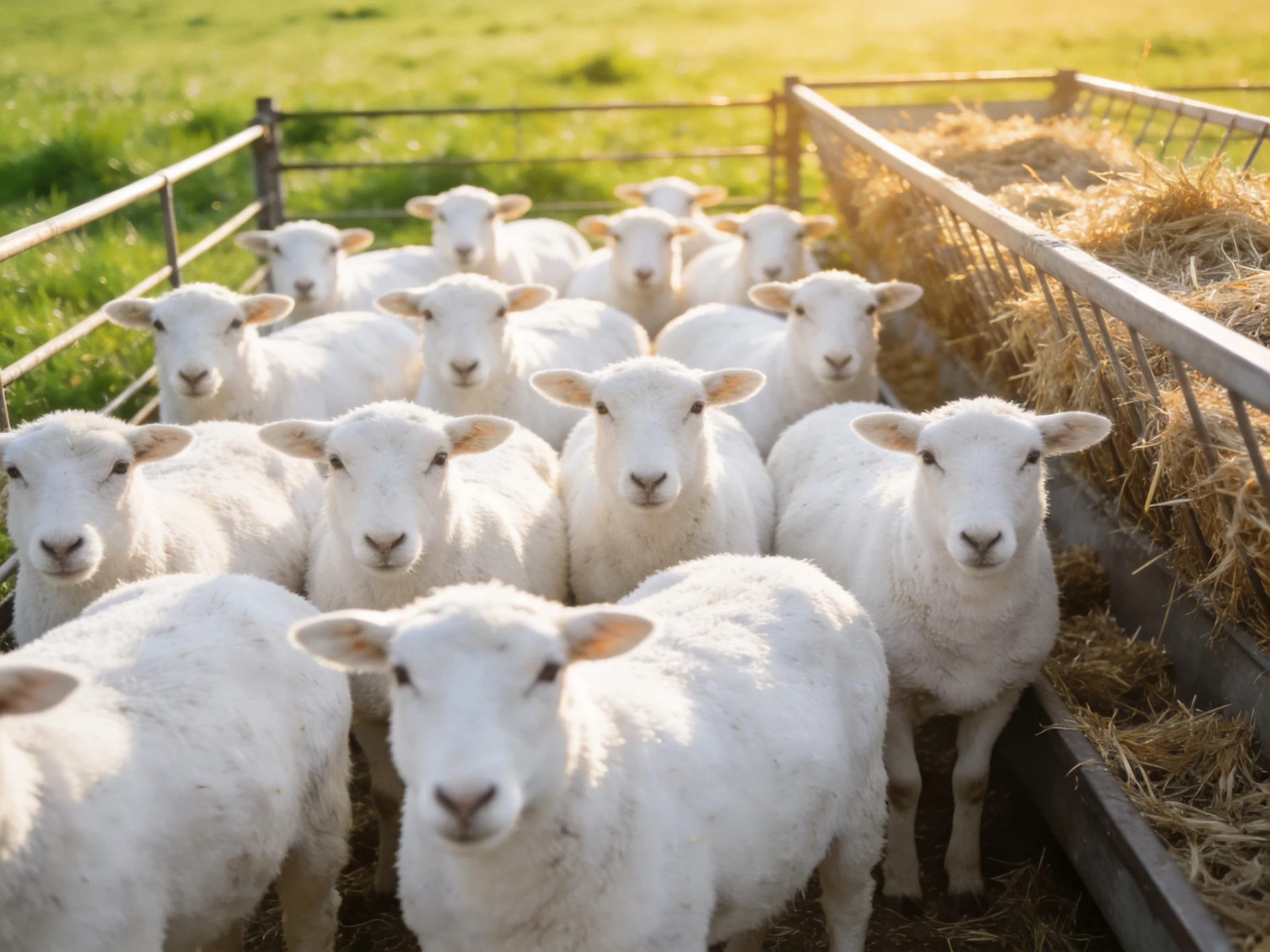 A group of white lambs gathered in a hay-filled enclosure