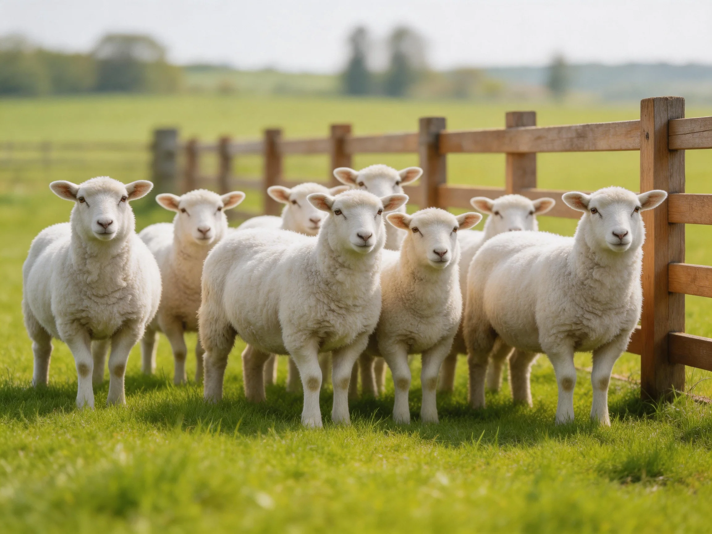 A group of white lambs gathered near a wooden fence in a green pasture