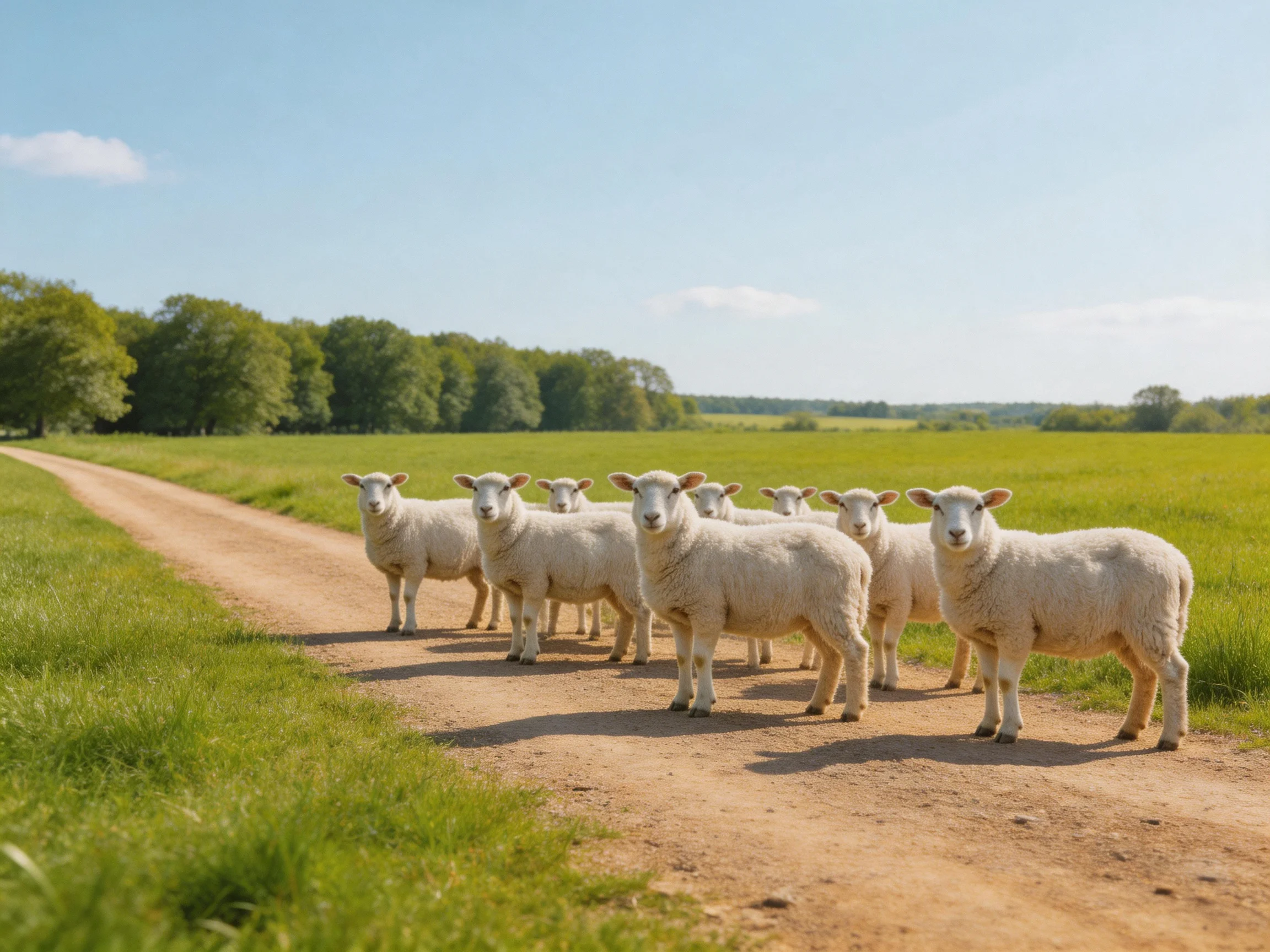 A group of white lambs gathered on a dirt path near green fields