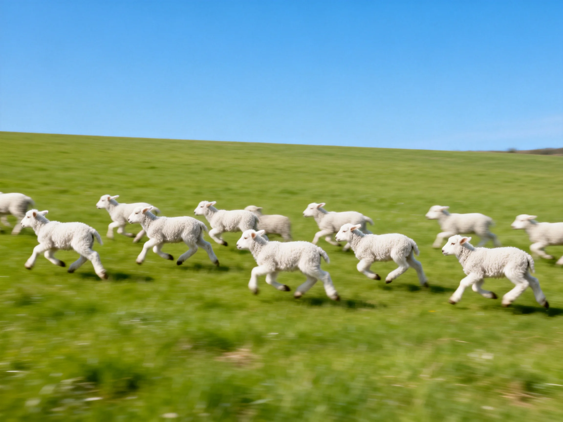 A group of white lambs running across a lush green hillside under clear blue sky