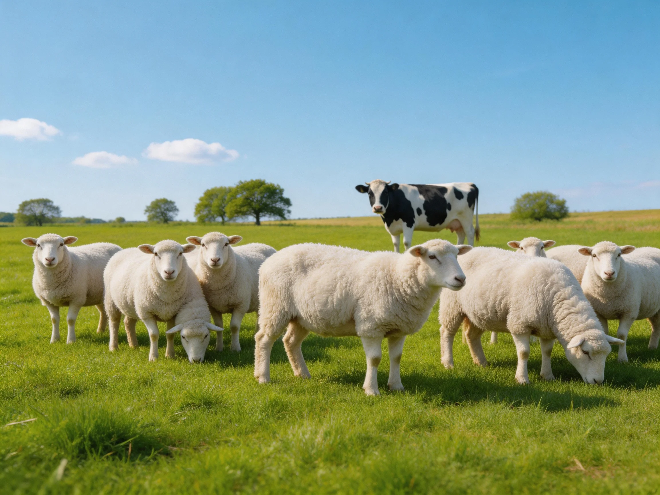 A group of white sheep and a black-and-white cow graze in a sunny meadow