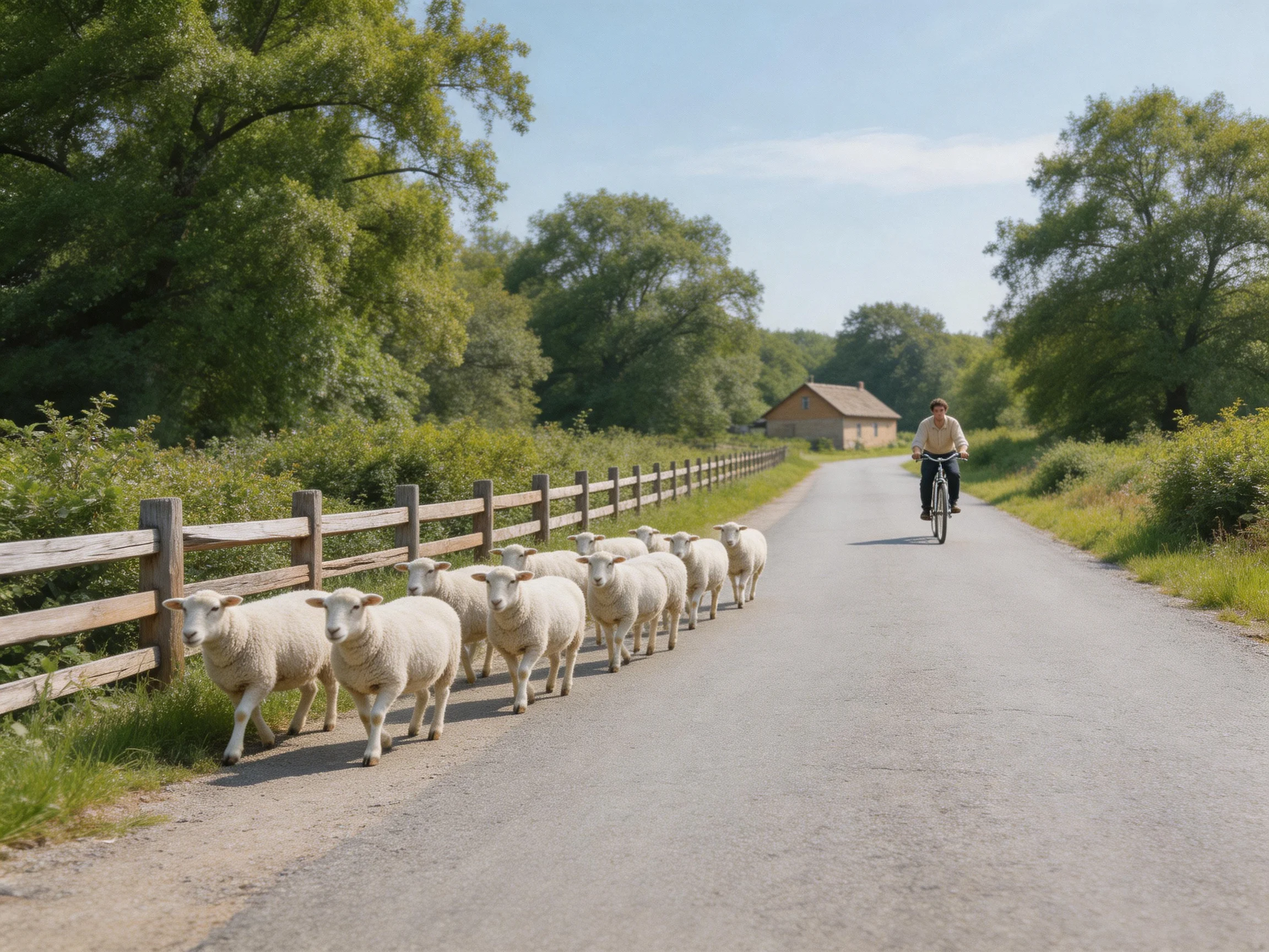 A group of white sheep crosses a rural road near a cyclist