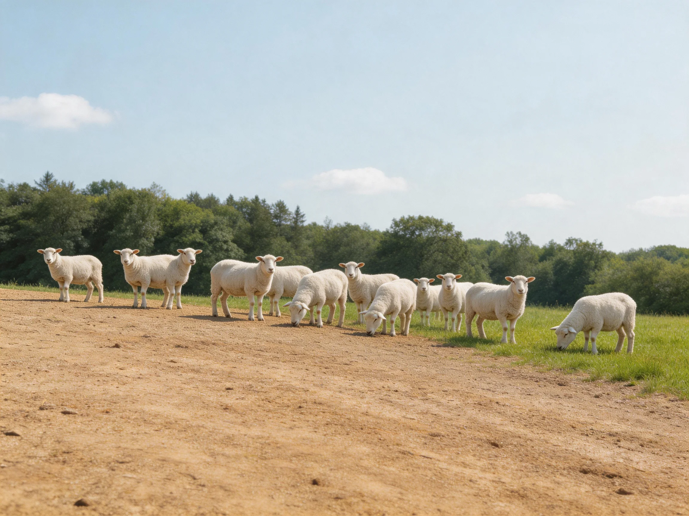 A group of white sheep gathered near a dirt path and green field