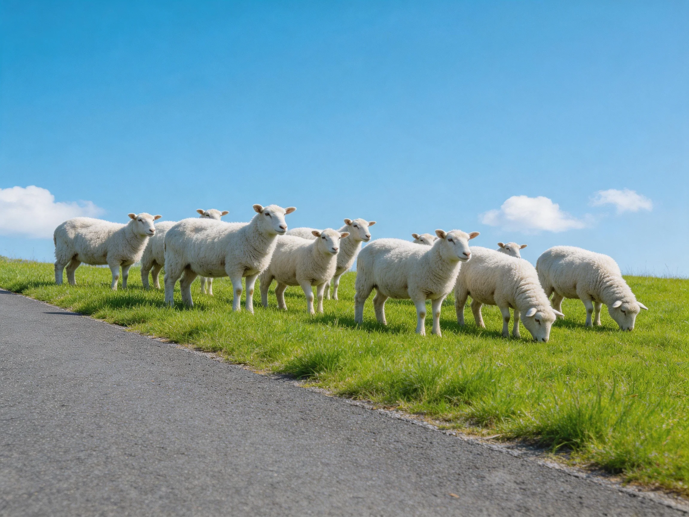A group of white sheep gathered near a paved road on lush green grass under clear blue sky