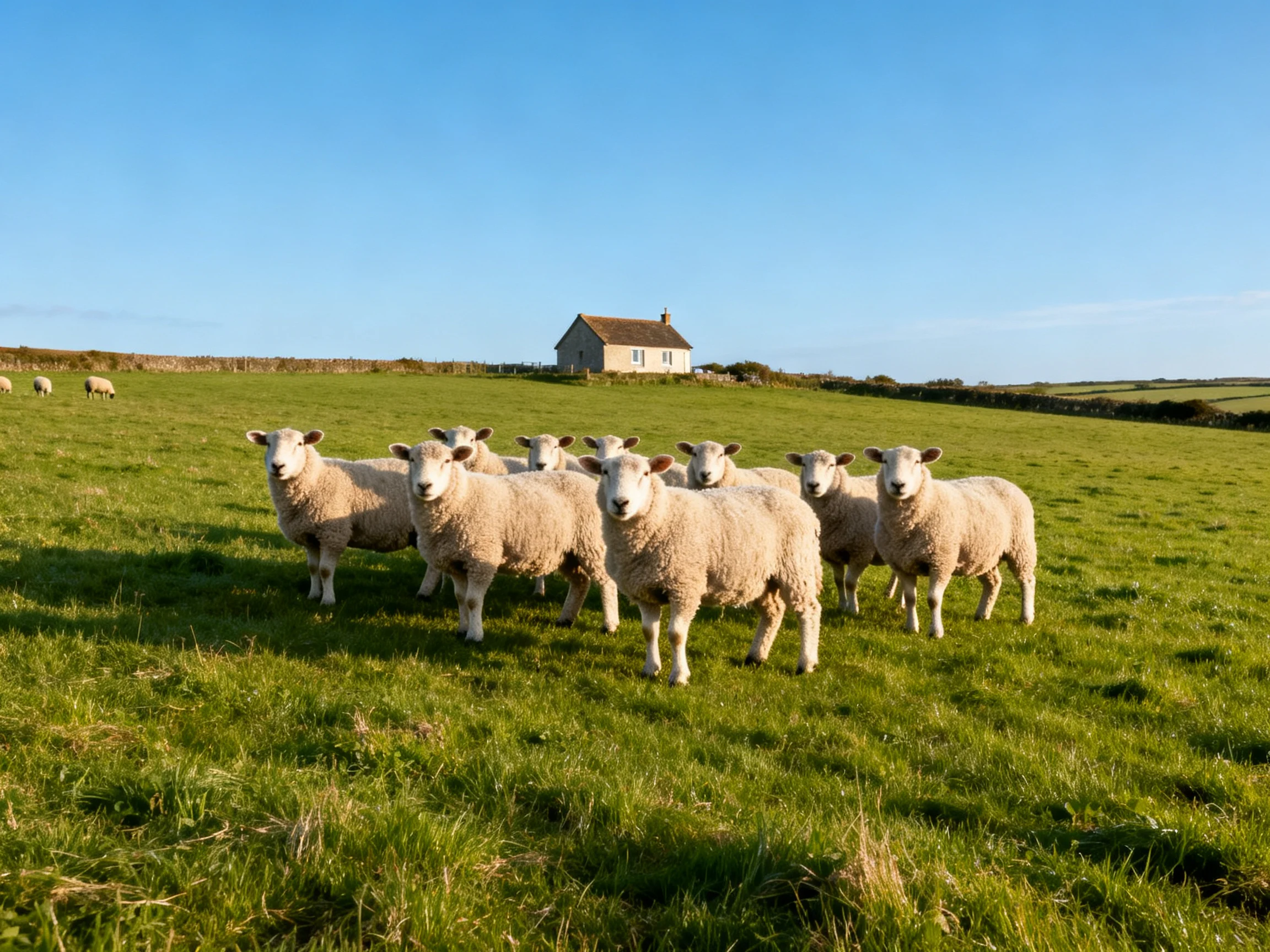 A group of white sheep gathered near a stone house in a green pasture