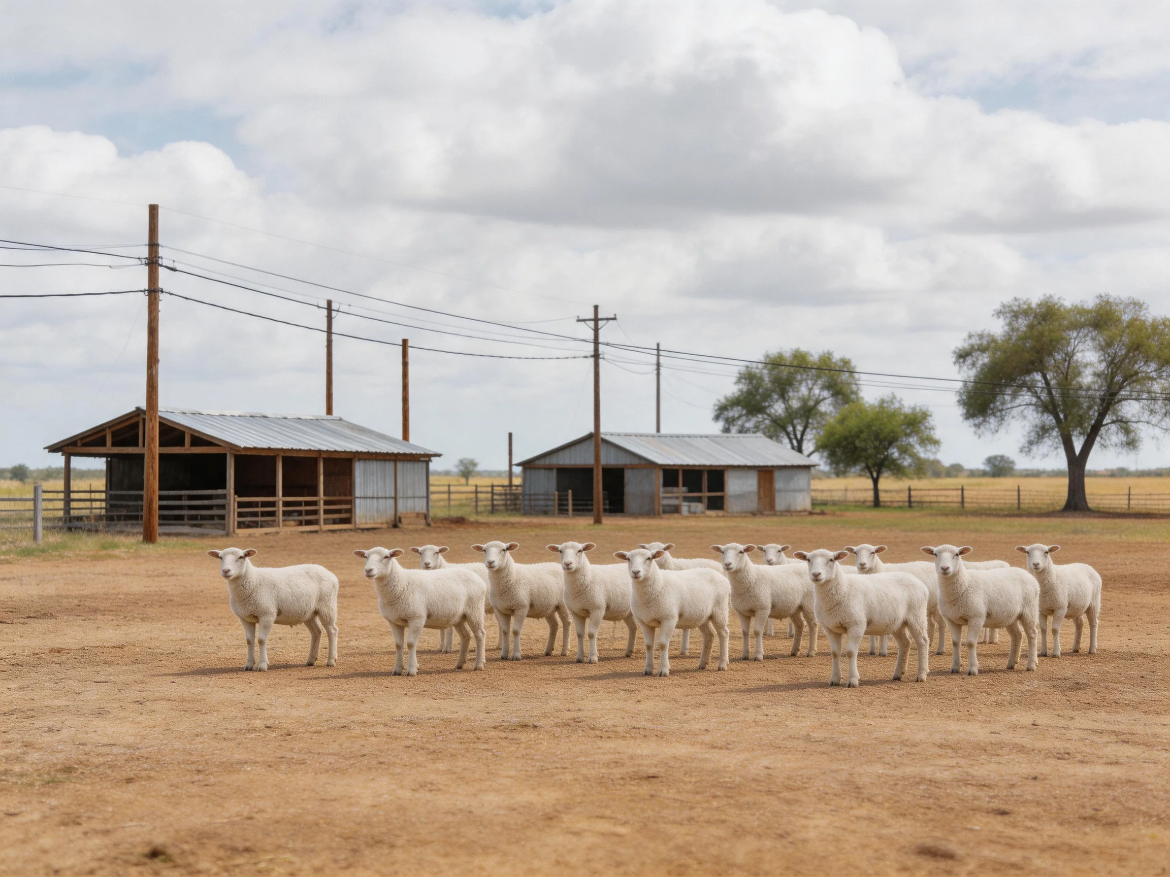 A group of white sheep gathered near two metal farm structures