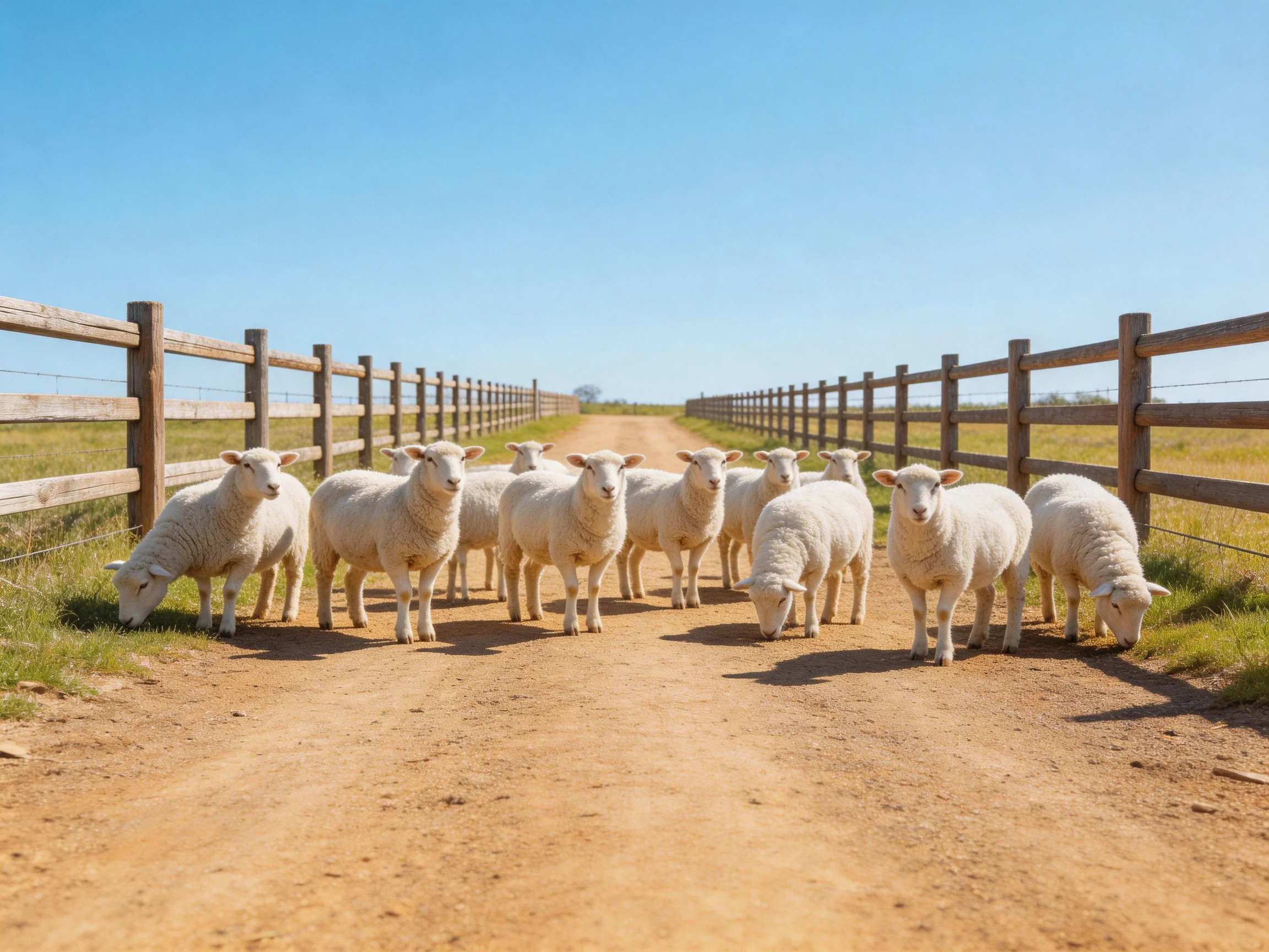 A group of white sheep gathered on a dirt path between wooden fences