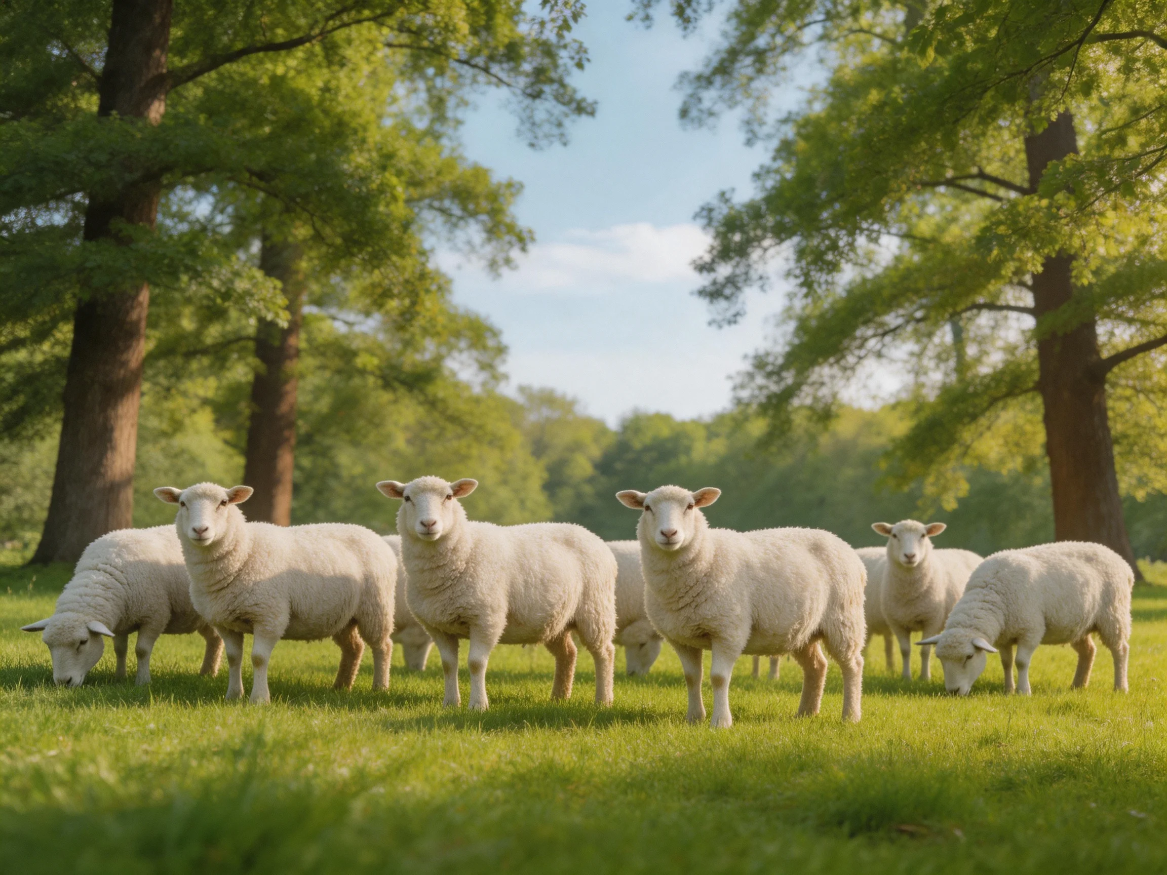A group of white sheep grazing in a lush green meadow near tall trees