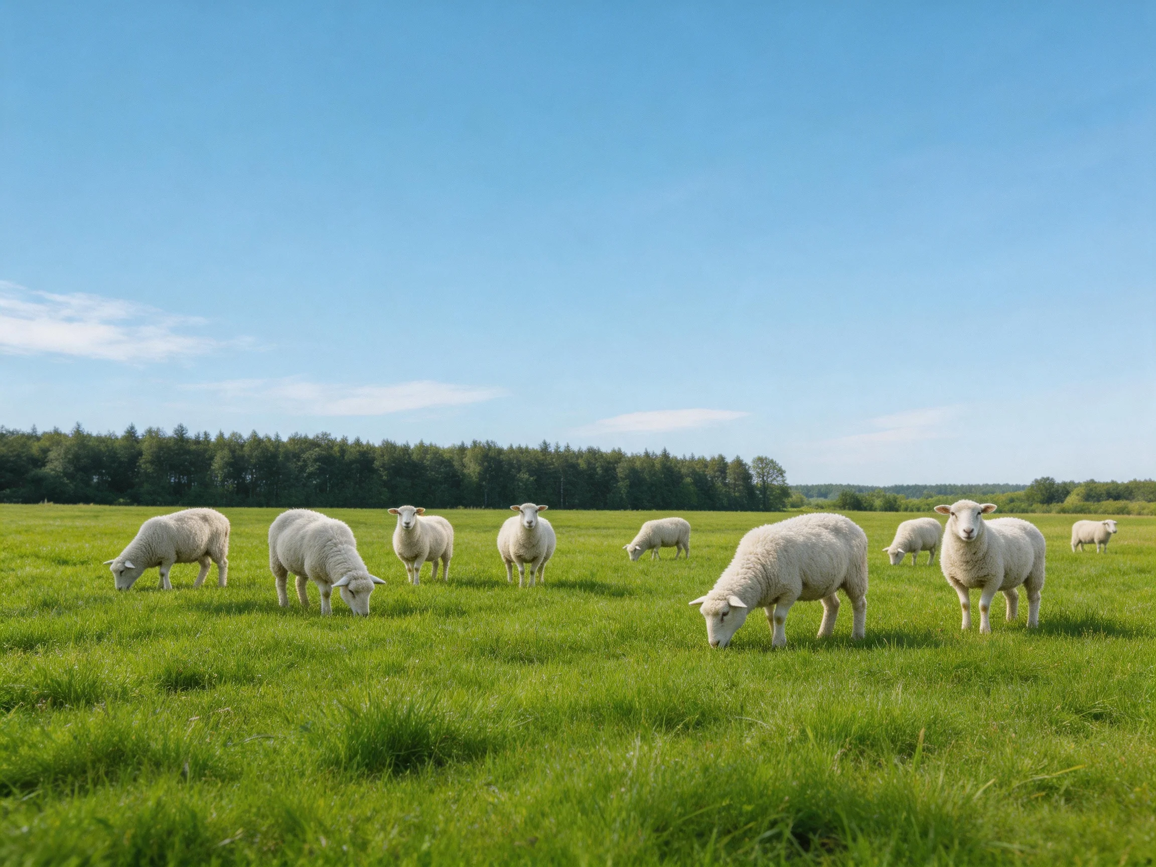 A group of white sheep grazing in a lush green meadow under clear blue sky