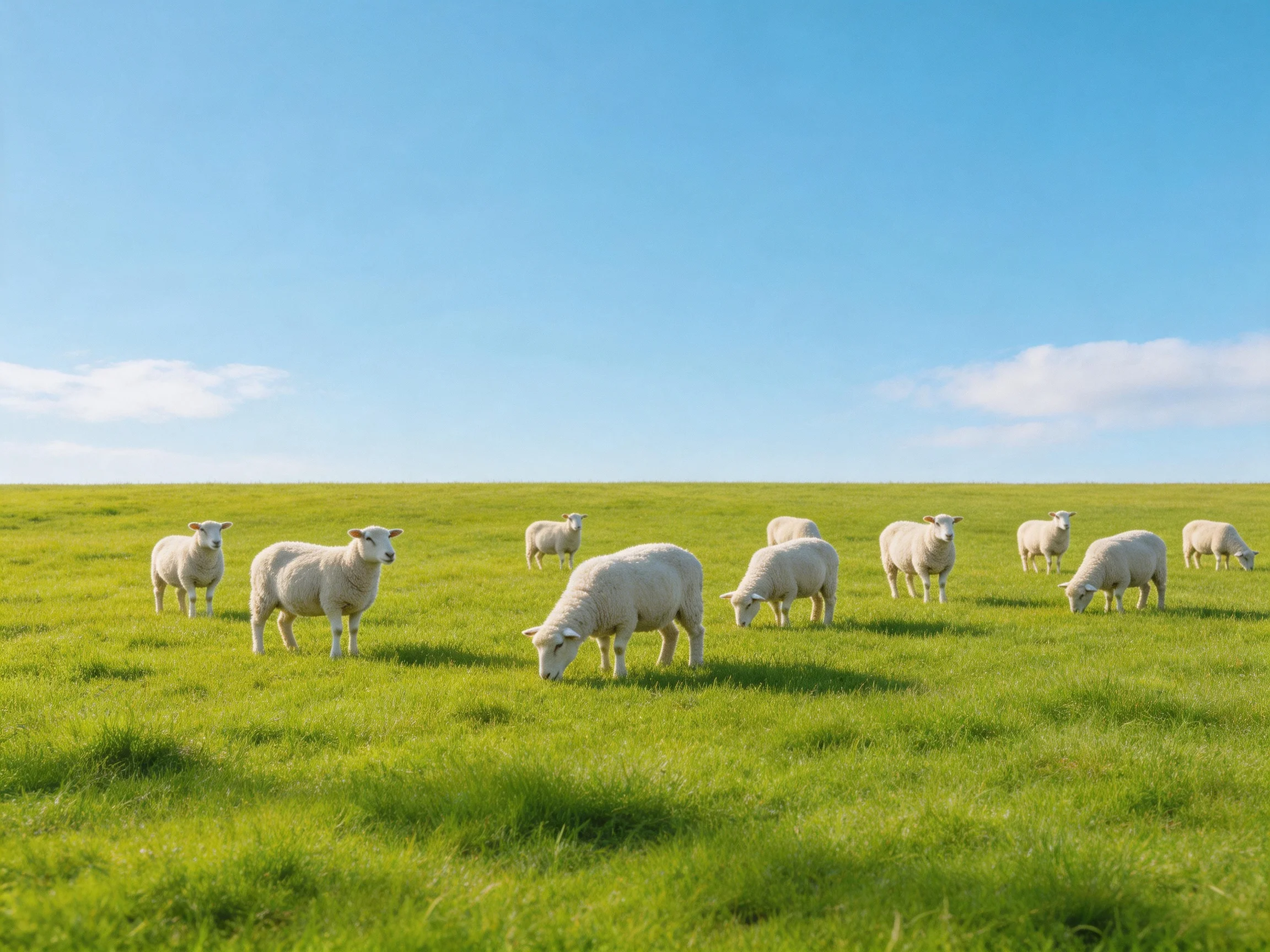 A group of white sheep grazing in a lush green meadow under clear blue sky