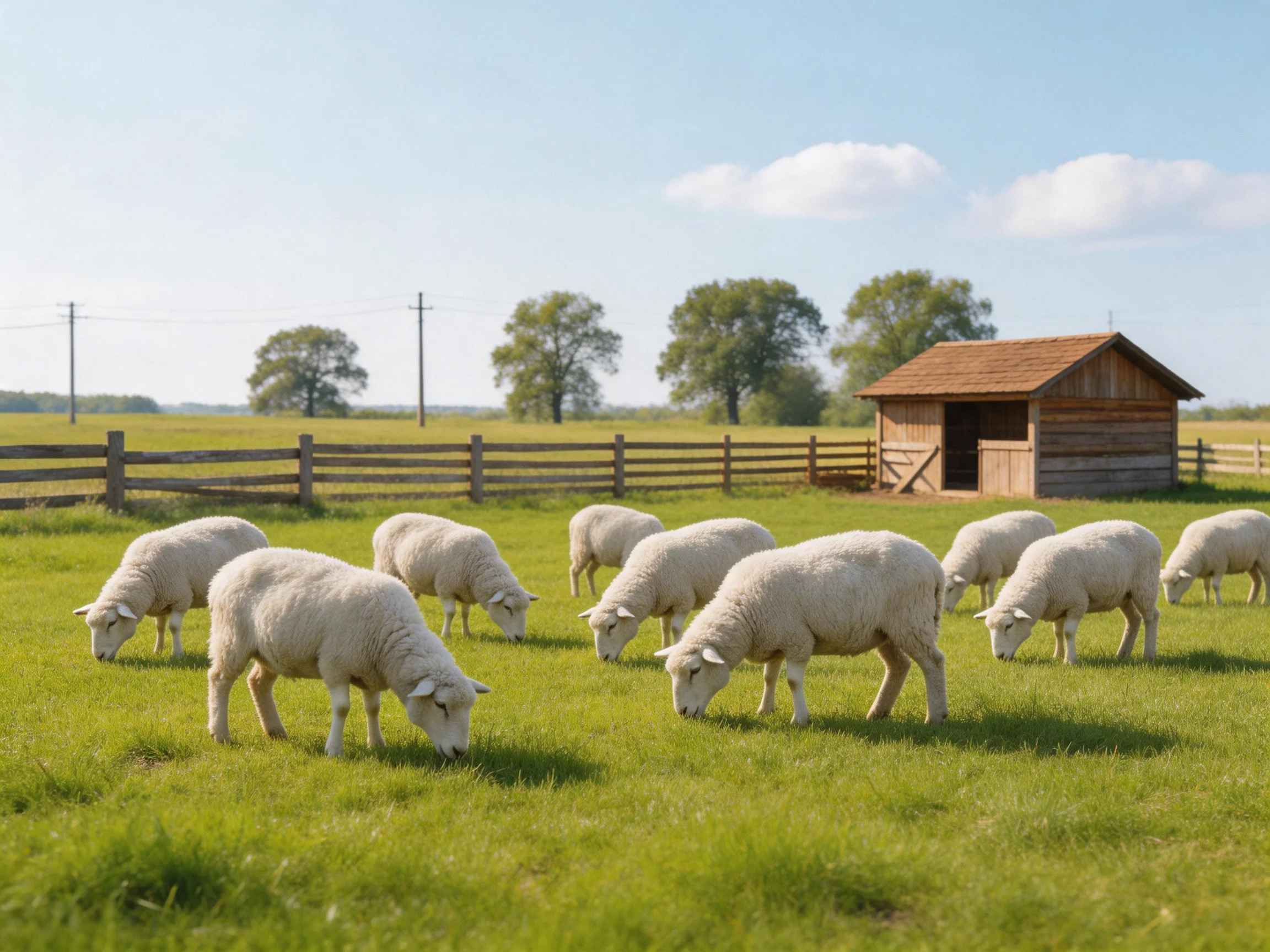 A group of white sheep grazing in a lush green pasture near a wooden shed