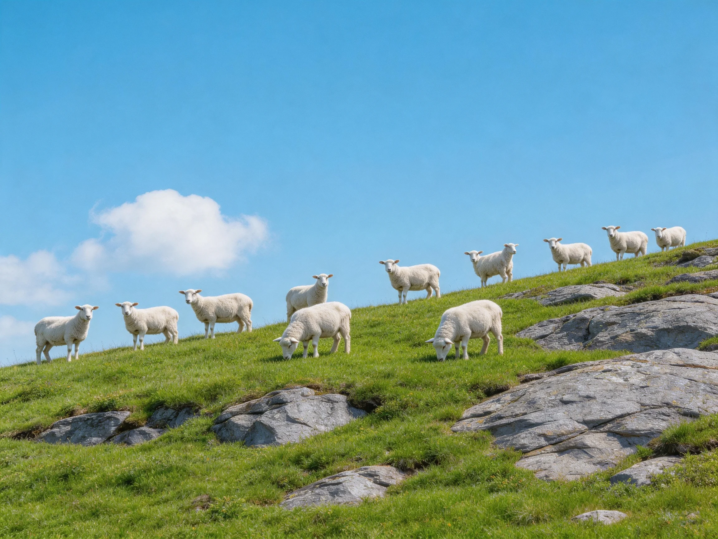 A group of white sheep grazing on a rocky green hillside under clear blue sky