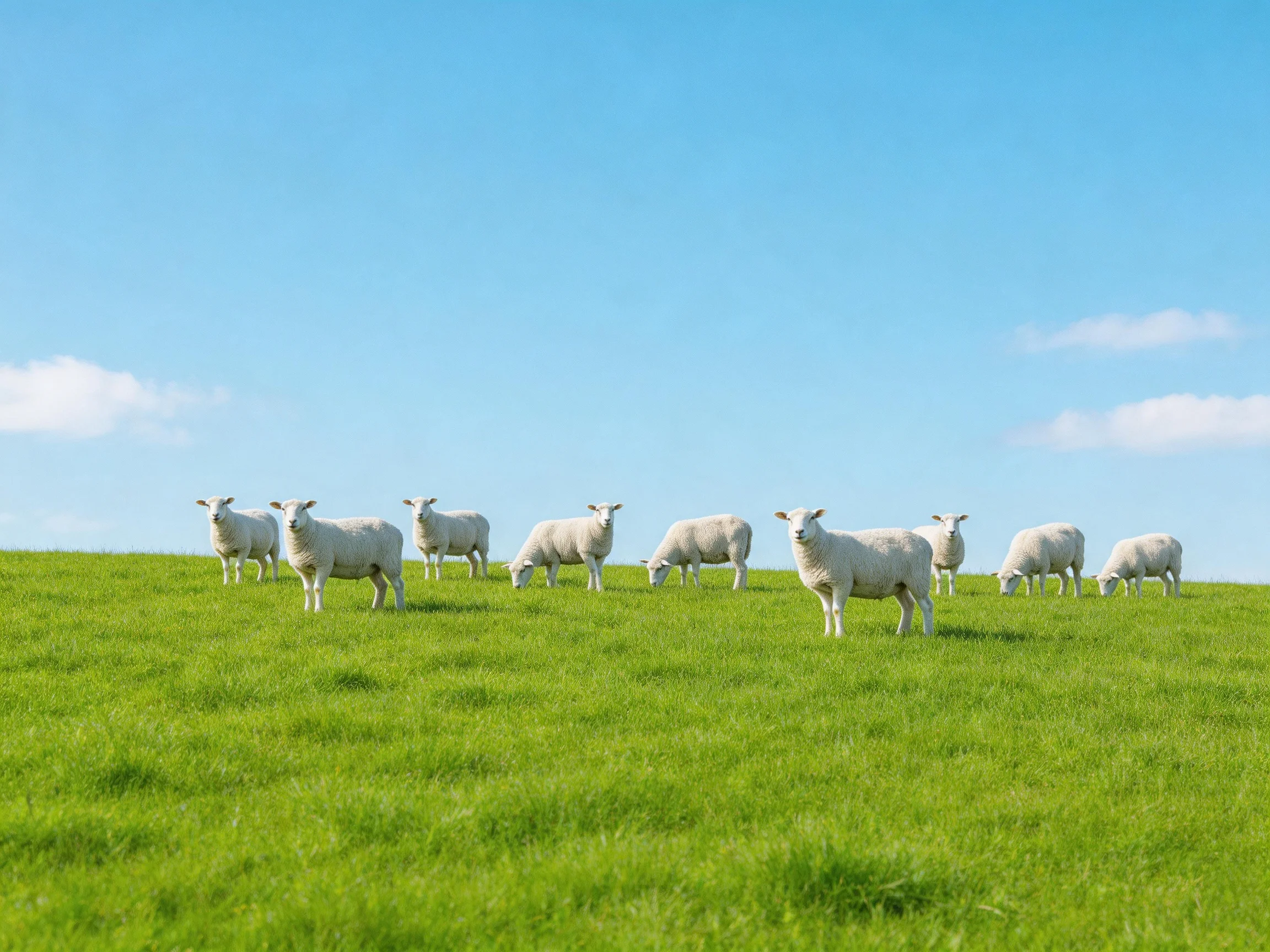 A group of white sheep grazing on lush green pasture under clear blue sky