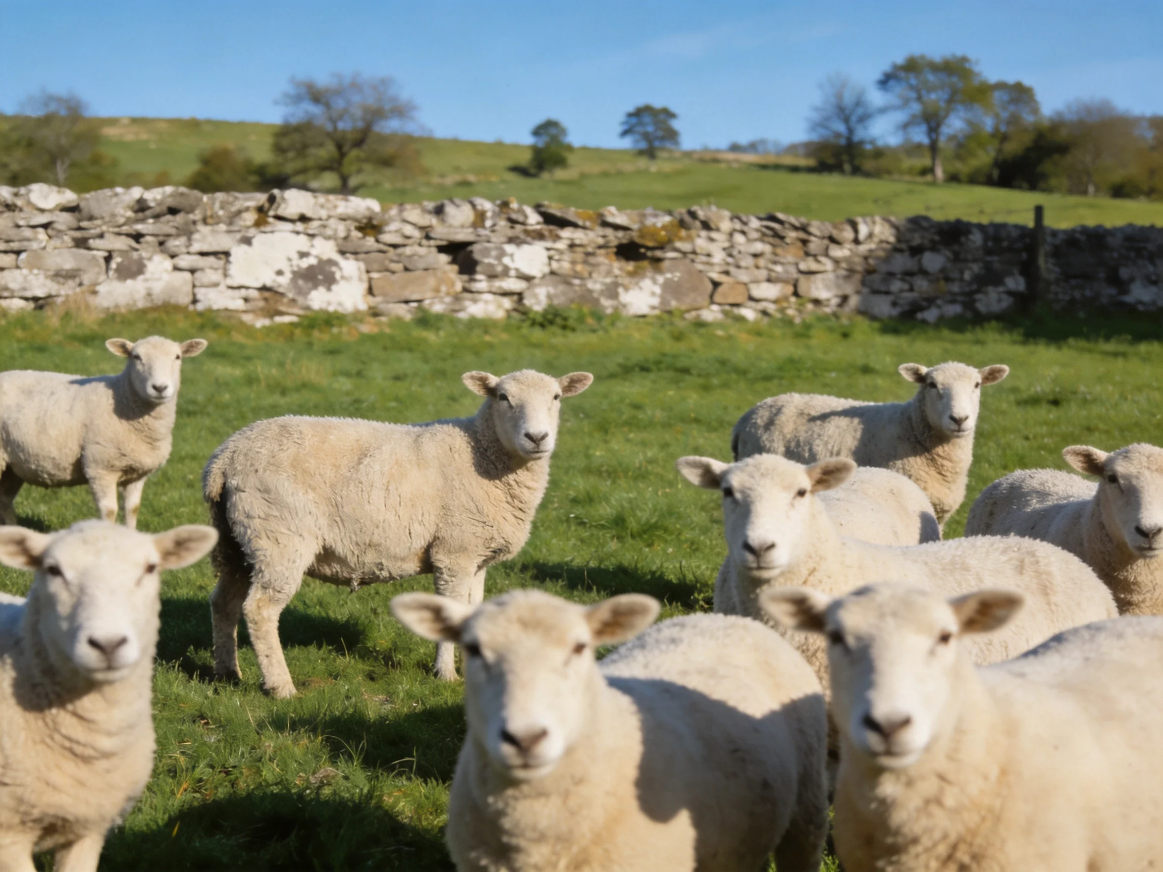 A group of white sheep in a green pasture near an old stone wall