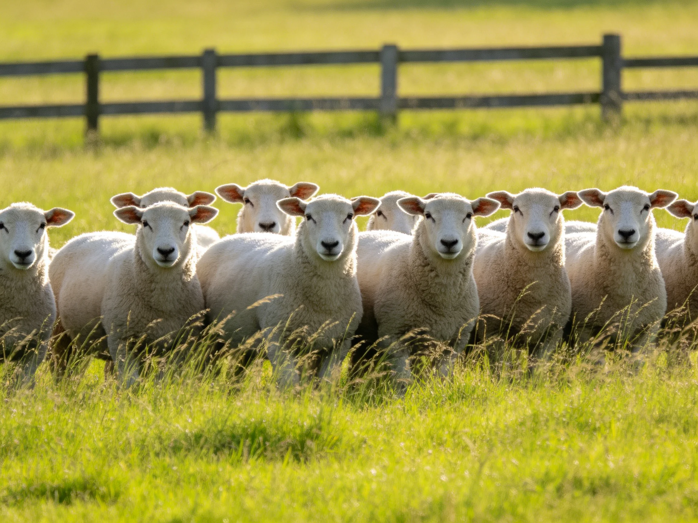 A group of white sheep in a sunlit green pasture near a wooden fence