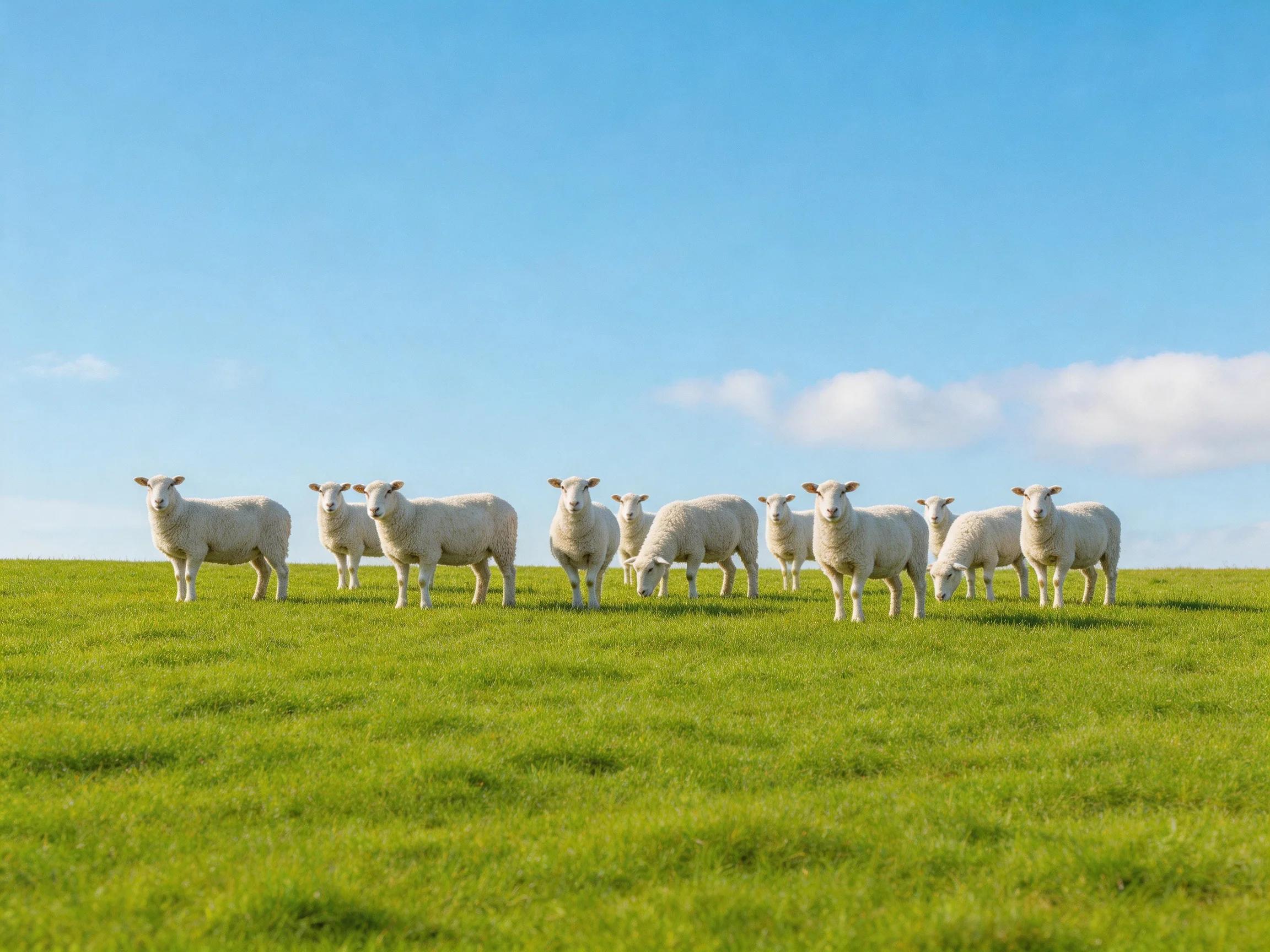 A group of white sheep on a lush green hillside under clear blue sky