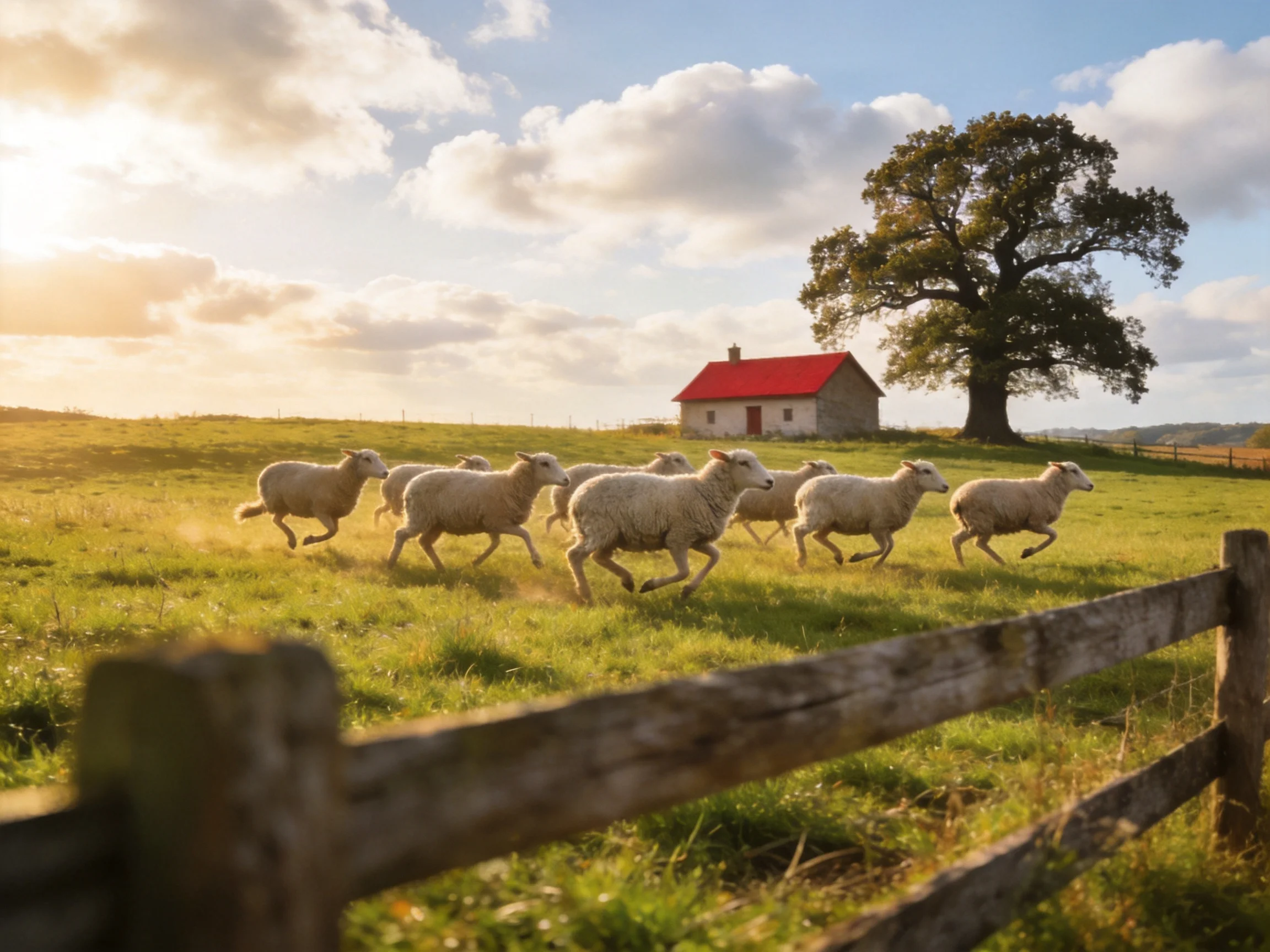 A group of white sheep runs near a red-roofed house and large oak tree