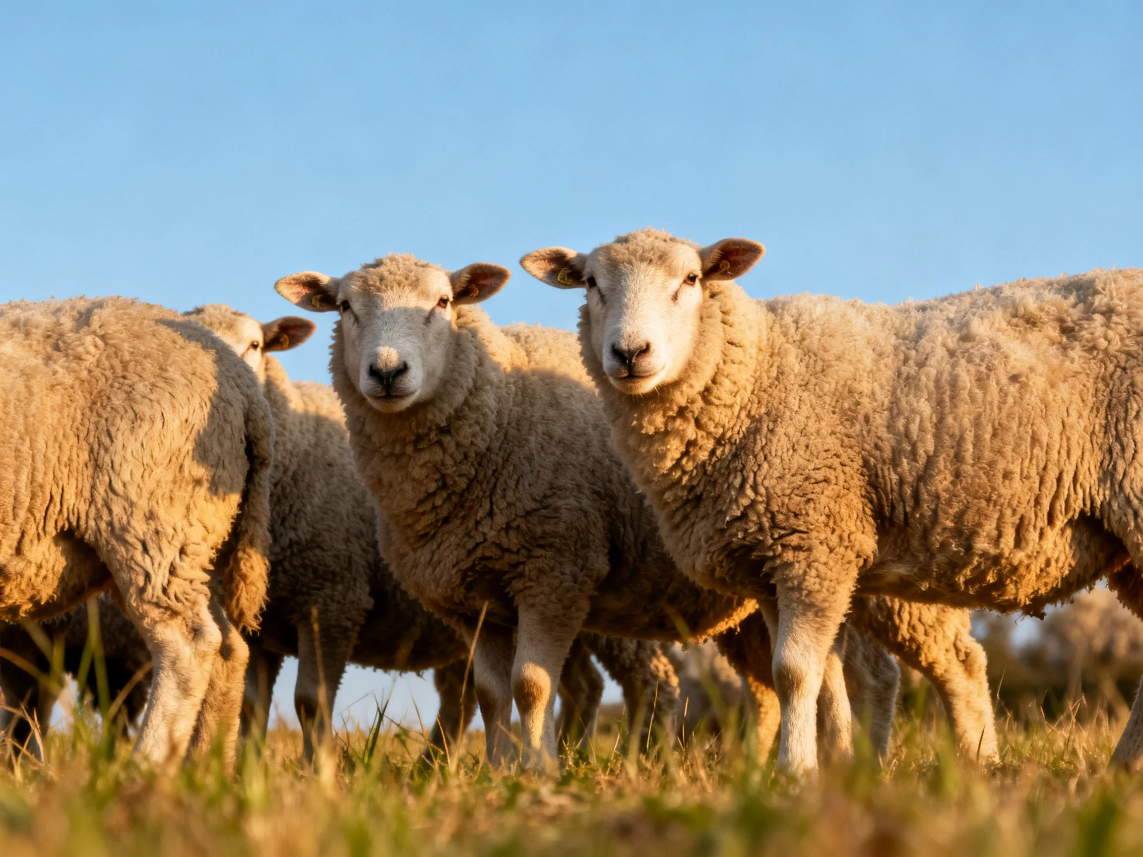 A group of woolly sheep gathered in a sunlit pasture