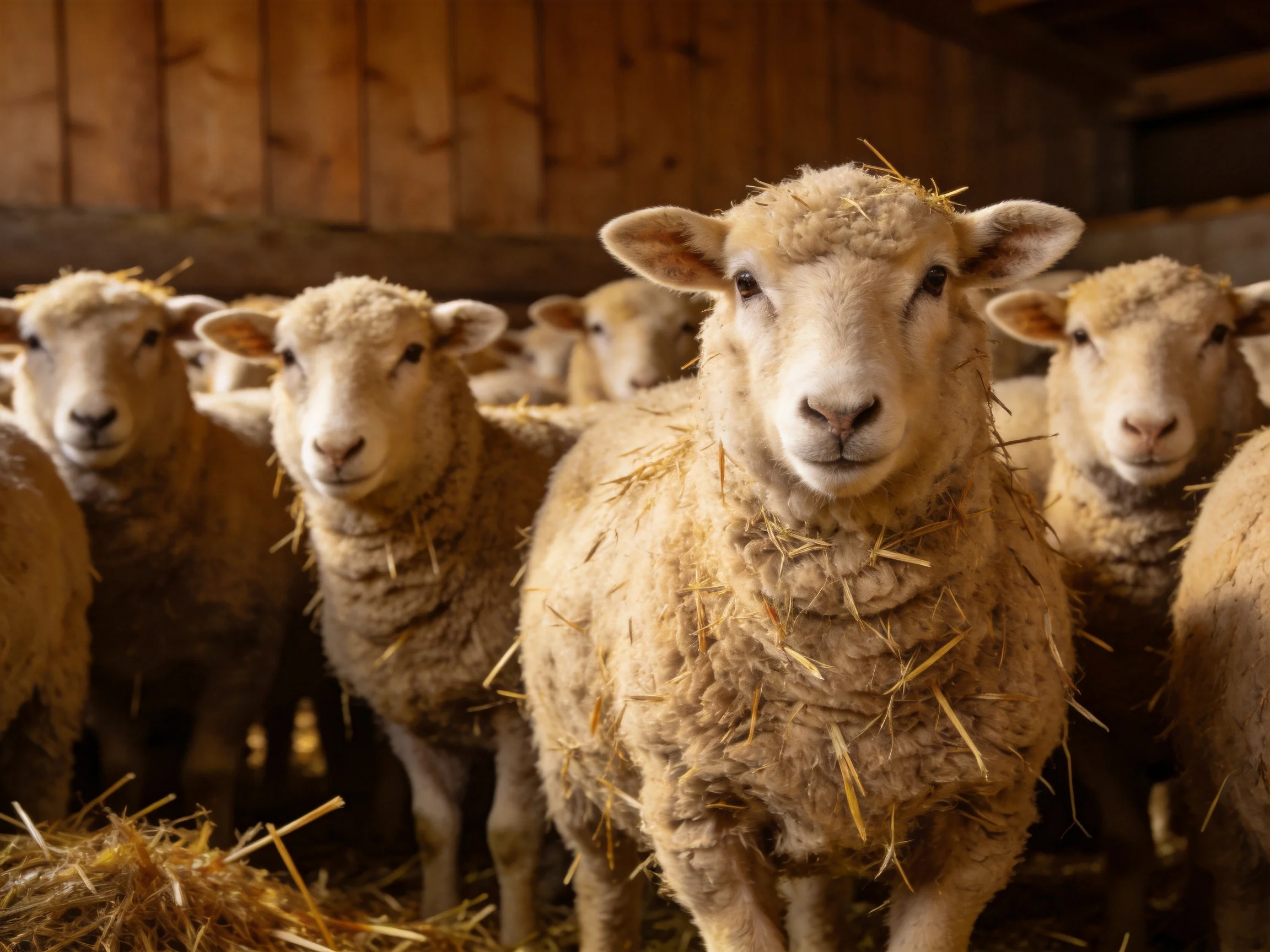 A group of woolly sheep gathered in a wooden barn with straw