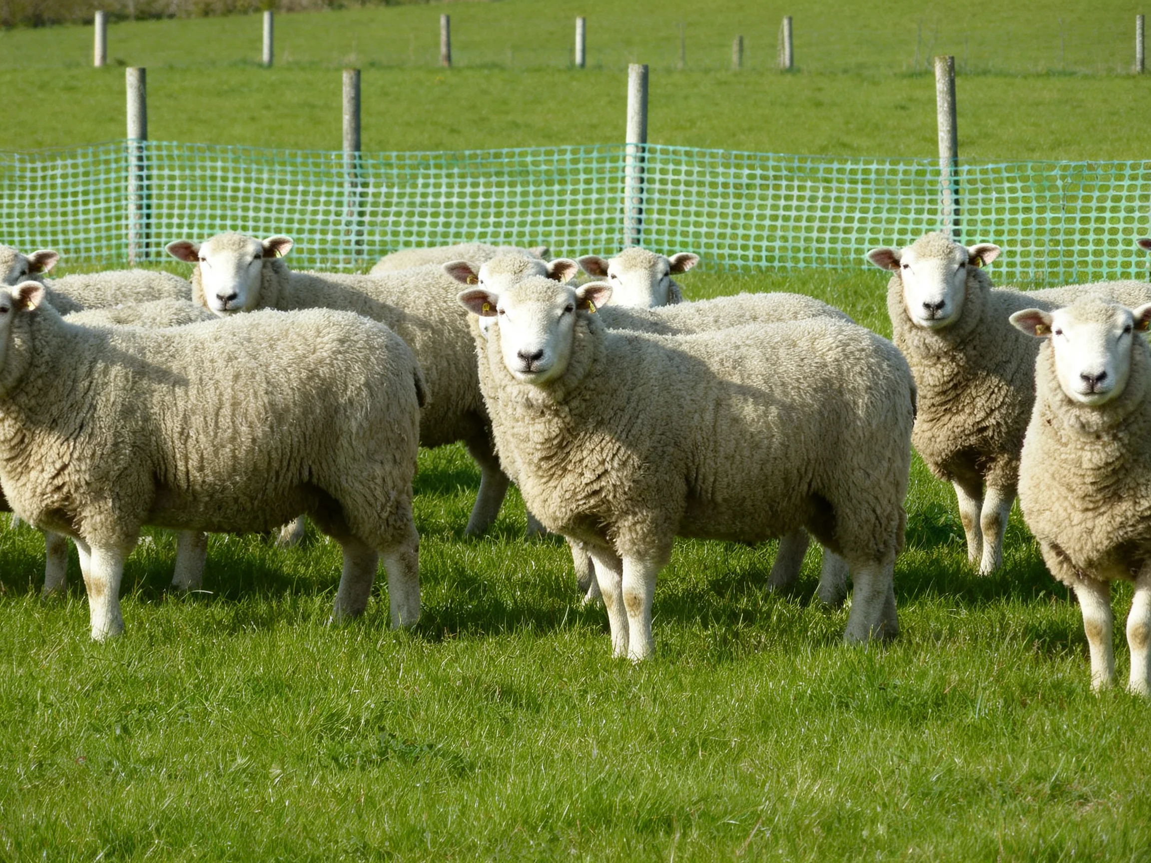 A group of woolly sheep in a green pasture near a net fence