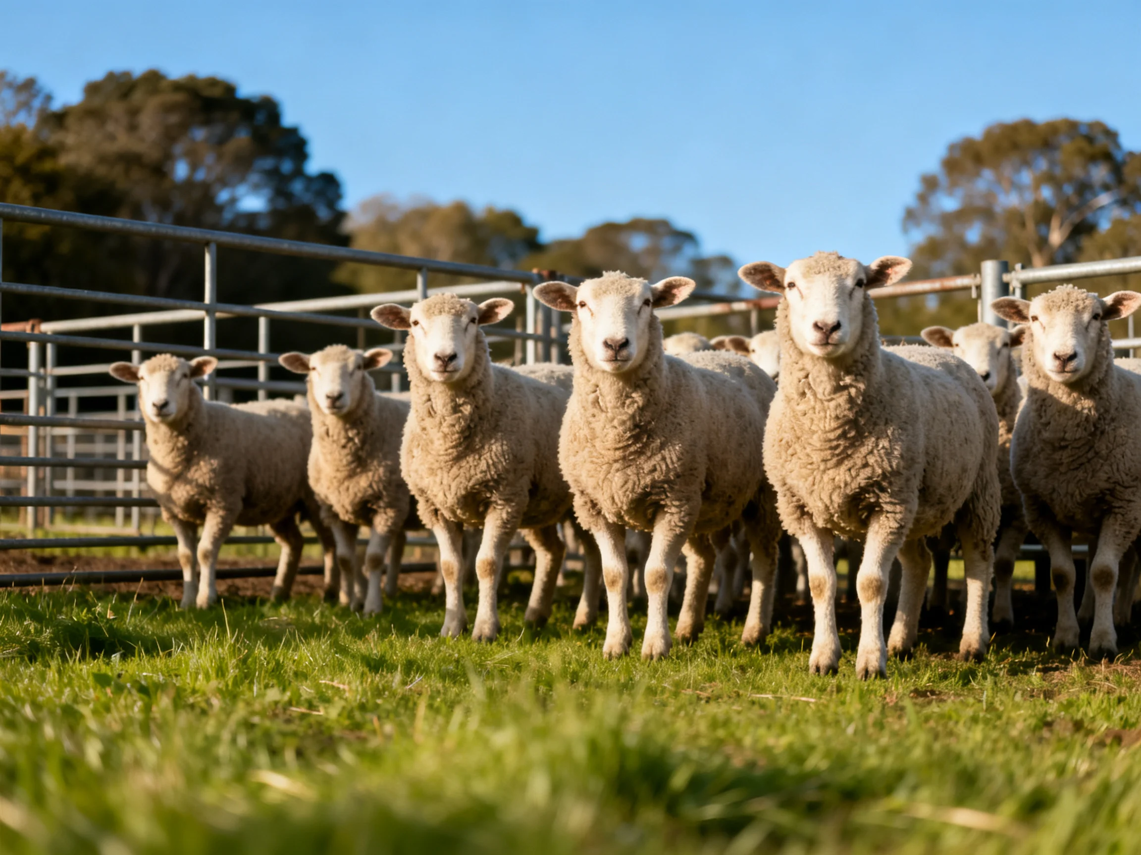 A group of woolly sheep near a metal enclosure on green grass