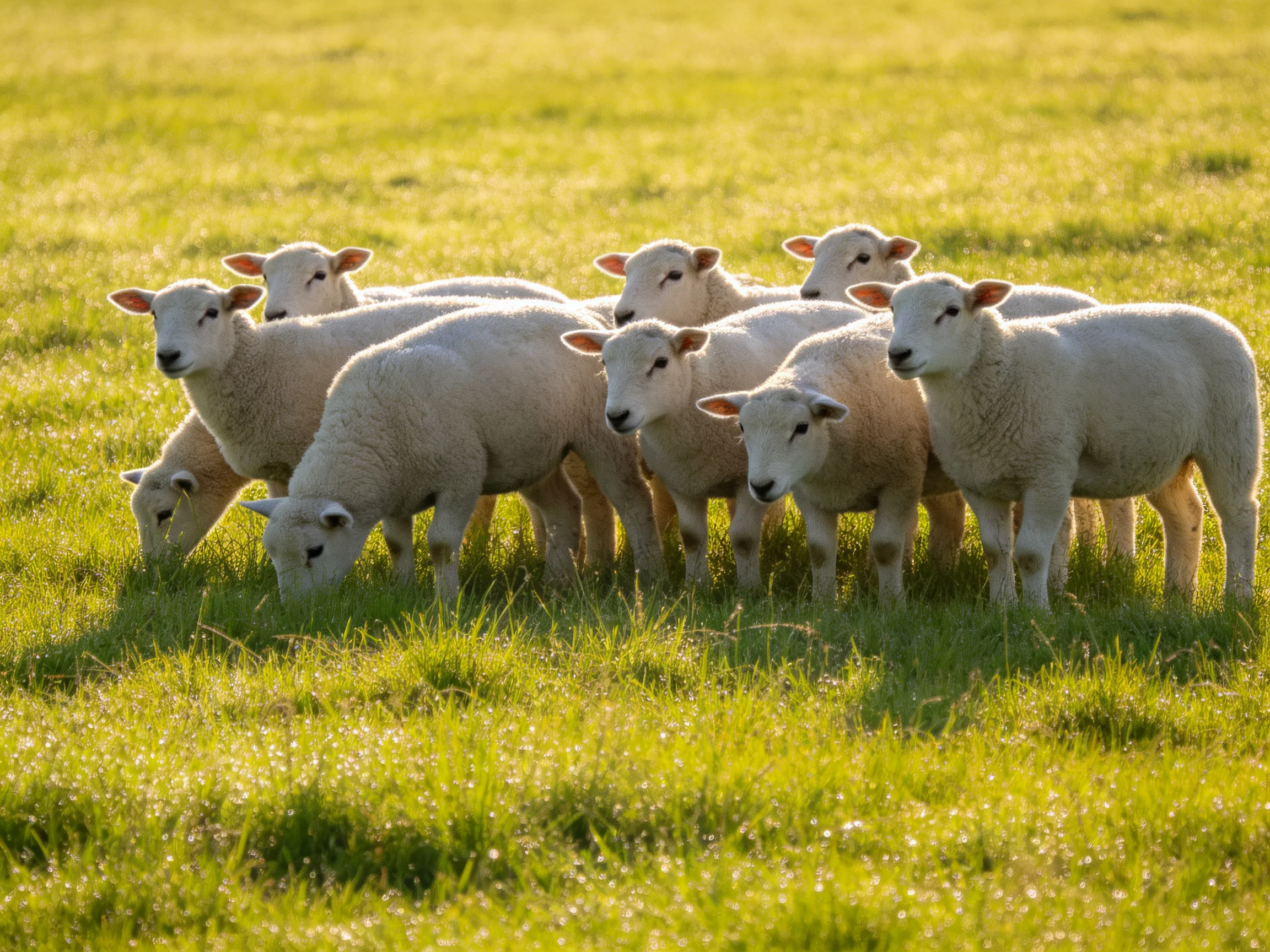 A group of young white lambs grazing in a sunlit green pasture