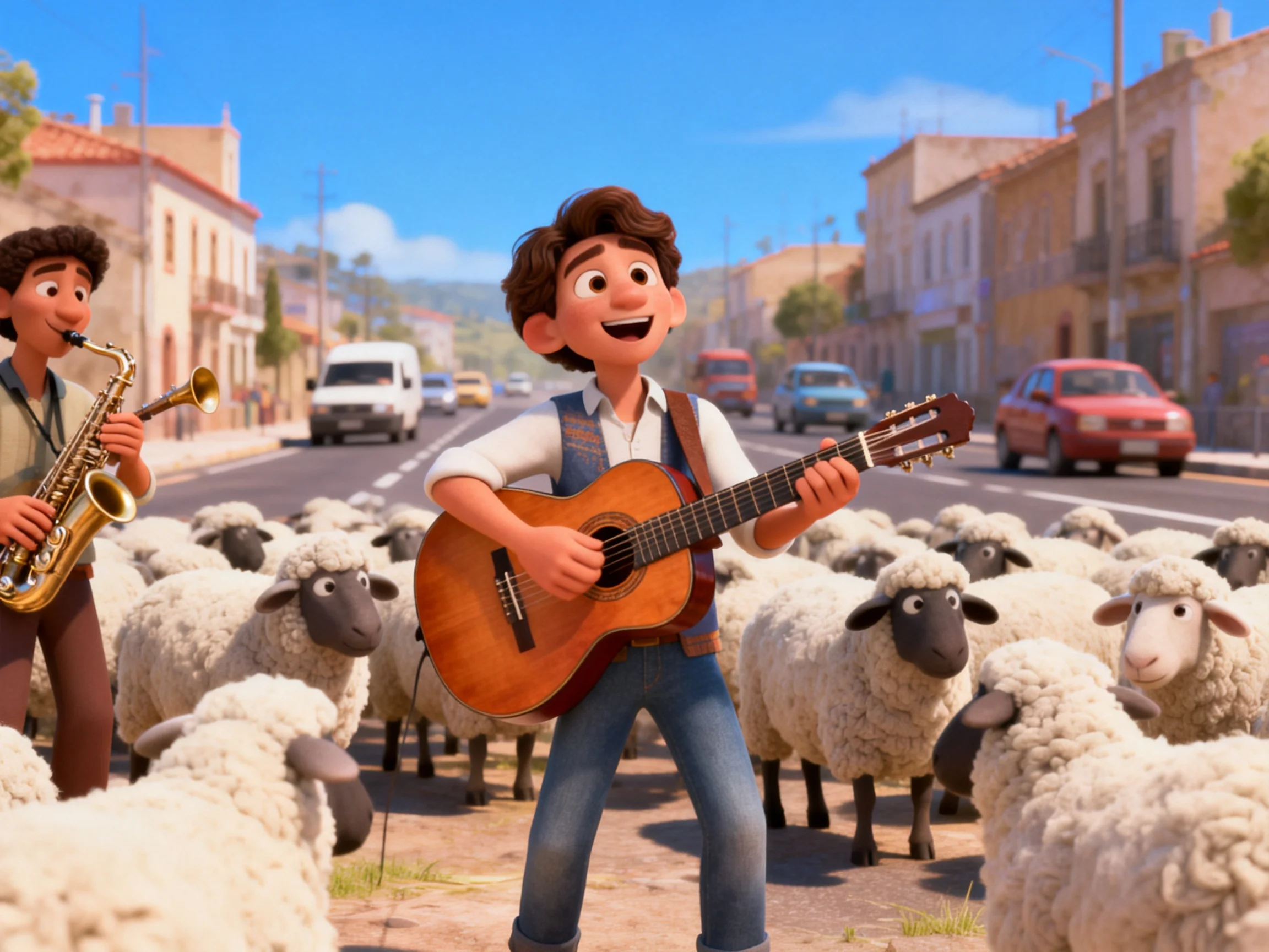 Musicians play instruments beside sheep in a sunny town setting.