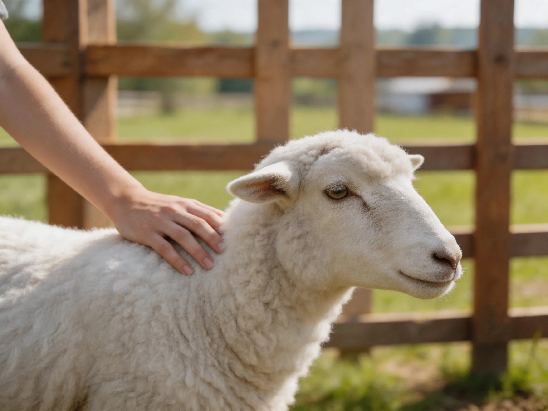 A hand gently petting a fluffy white lamb near a wooden fence