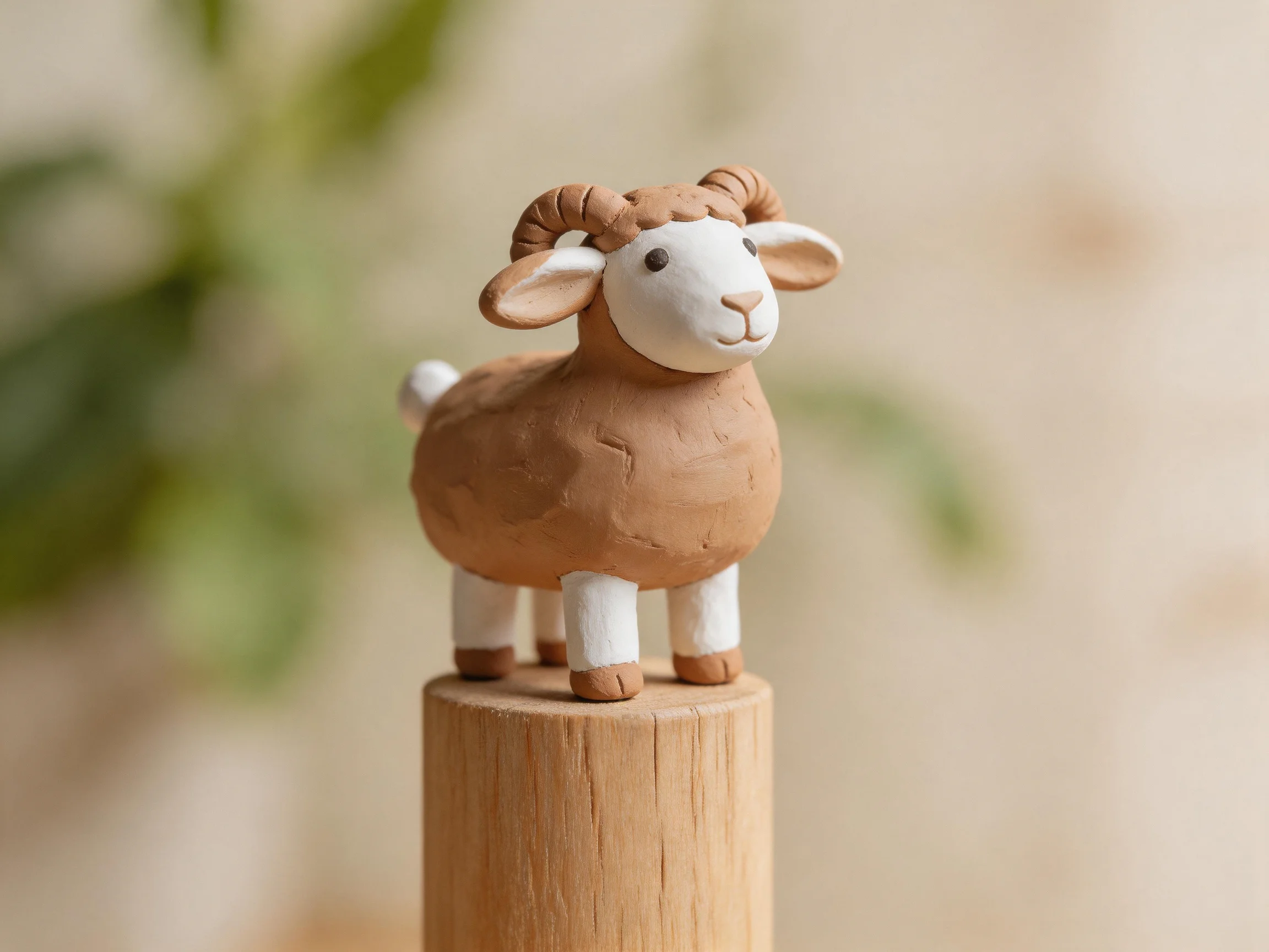 A handcrafted clay ram figurine on a wooden stand