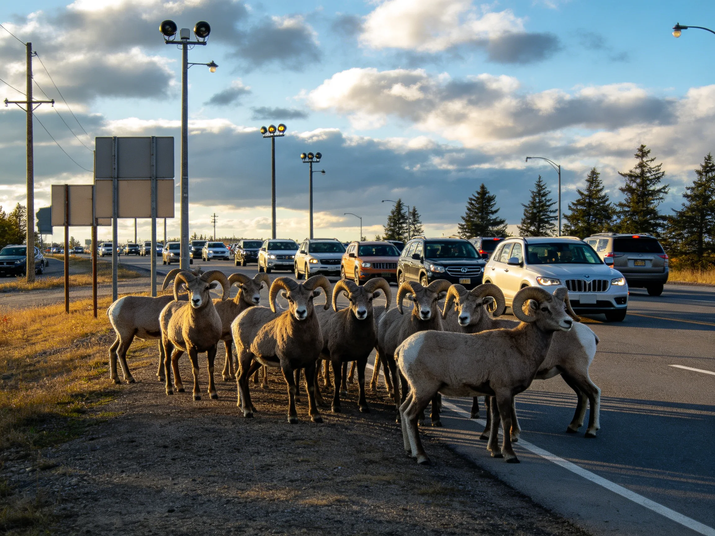 A herd of bighorn sheep blocks a multi-lane highway with cars under a cloudy sky