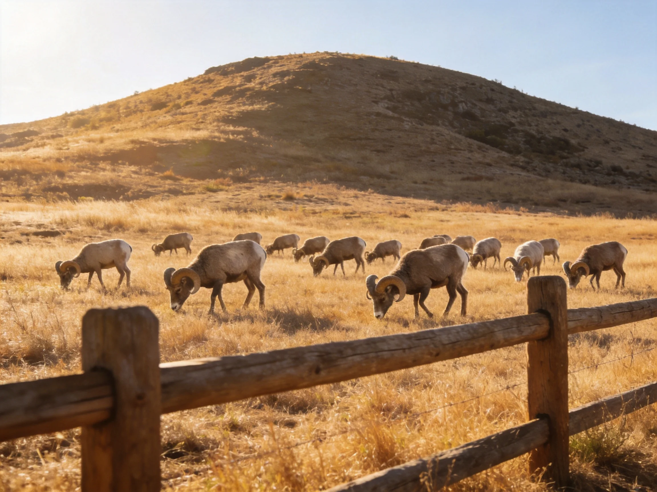 A herd of bighorn sheep graze in a golden field with a wooden fence and hill