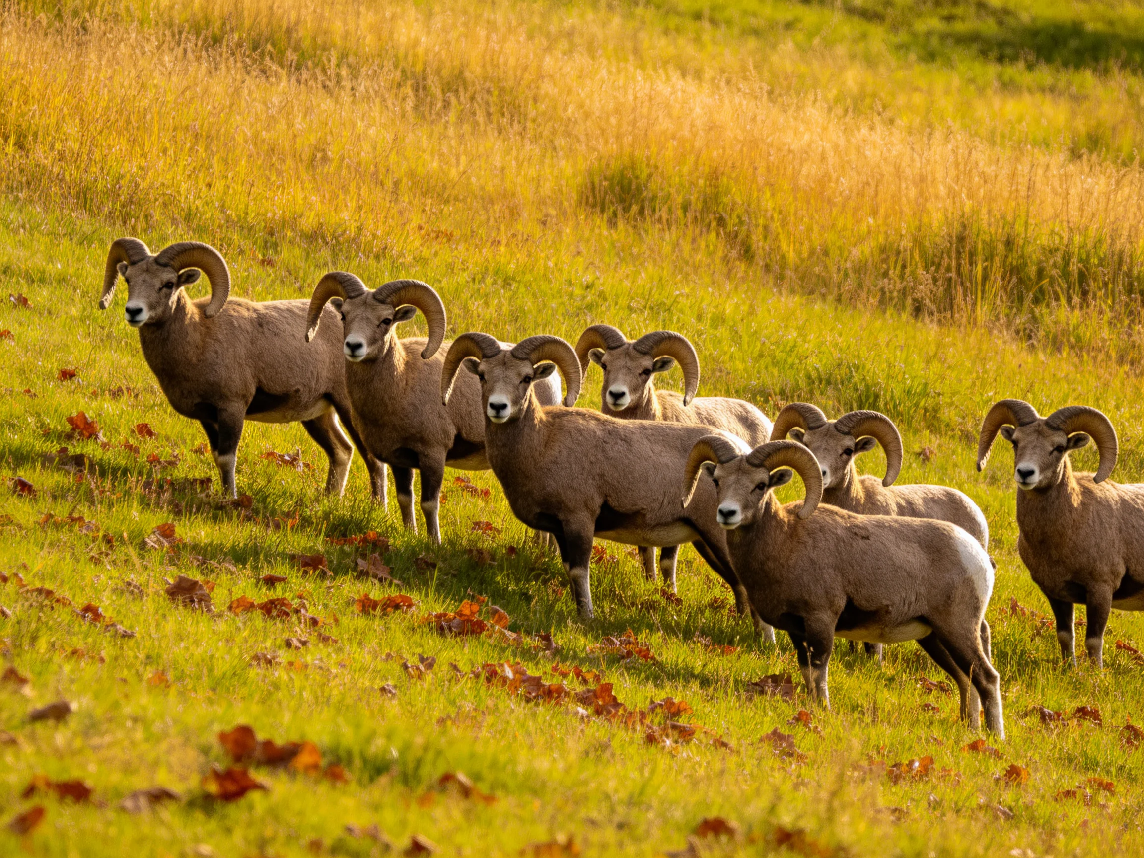 A herd of bighorn sheep in golden grassy landscape